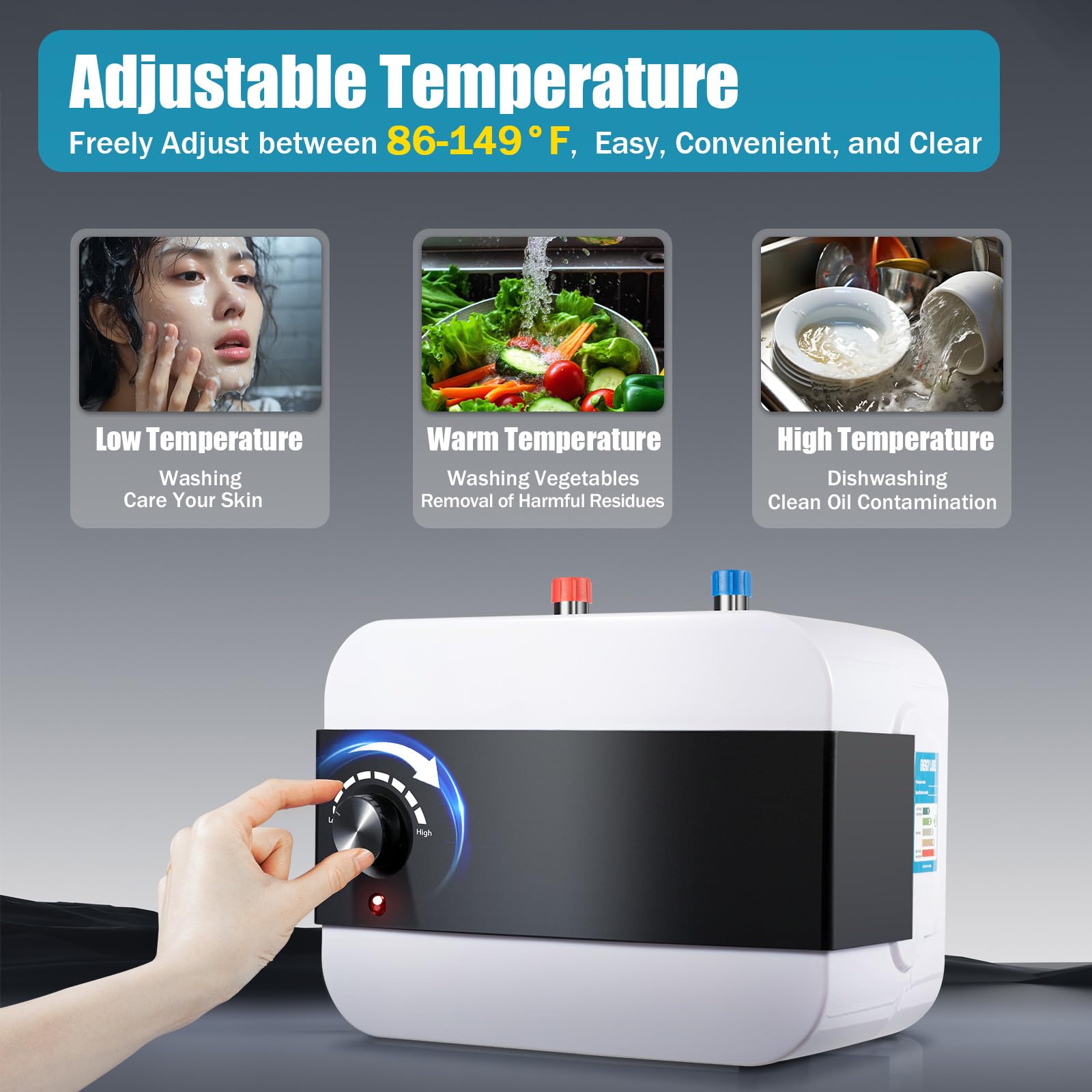 Scaldabagno da 6 l, serbatoio dell'acqua calda resistente alla pressione, scaldabagno elettrico 1500 W con temperatura regolabile 30 – 65 °C, protezione da surriscaldamento, protezione antincendio a