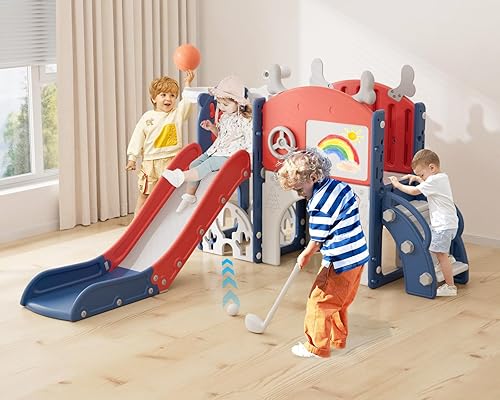 YUFU Tobogán infantil 12 en 1 para niños pequeños, juego de tobogán con golf, tabla de dibujo, escalador, aro de baloncesto y espacio de