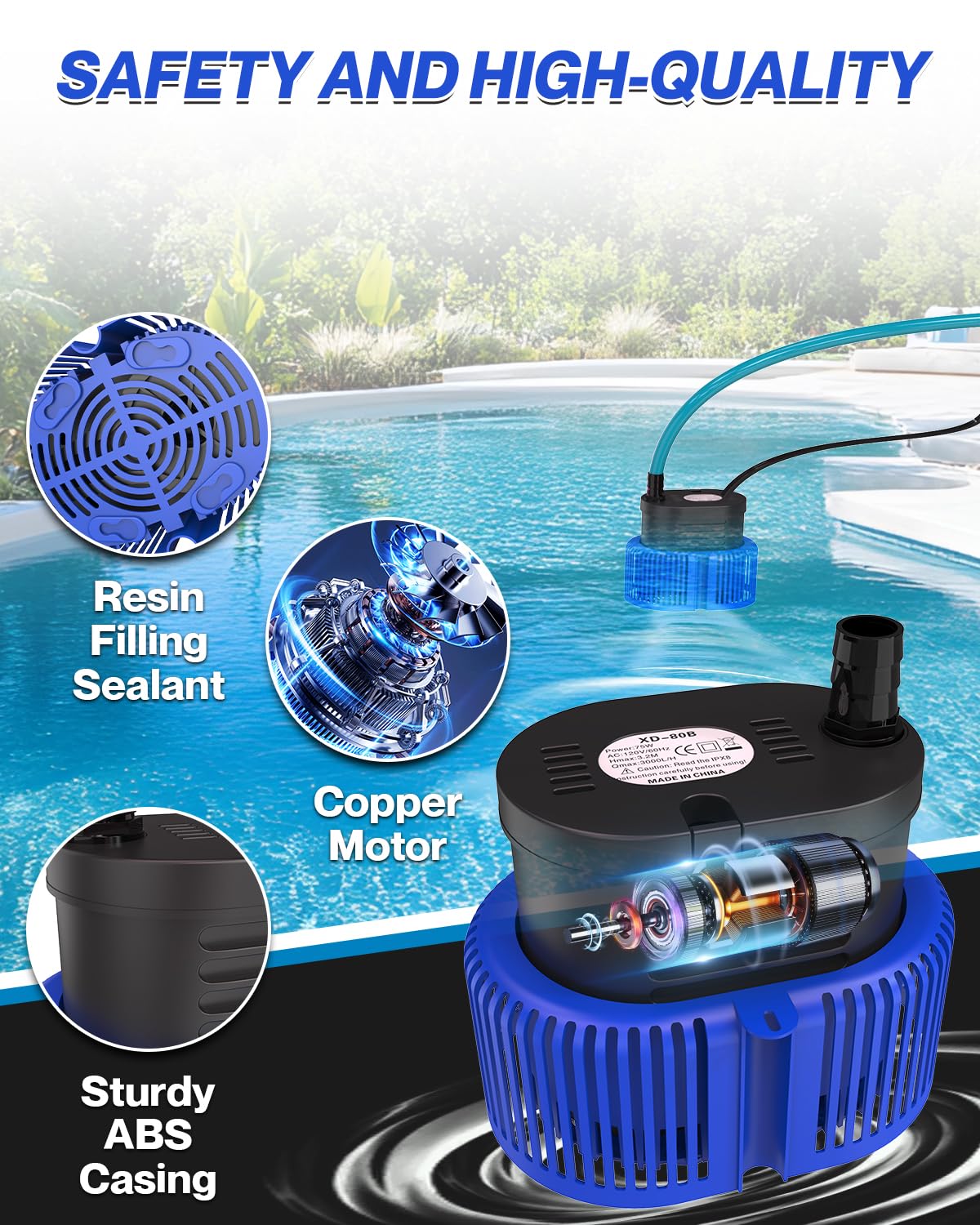 AgiiMan Bomba de cubierta de piscina sobre el suelo, bomba sumergible para sumidero de natación, eliminación de agua con manguera de drenaje de 16 pies y cable de alimentación de 25 pies, 850 GPH, 3