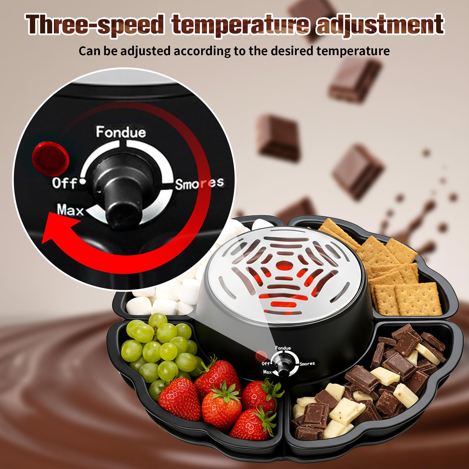 2-in-1 Smores Maker & Schokoladenfondue Set – S'Mores Set für Innenräume, Flammenloser Röster mit 4 Abnehmbaren Tabletts & 4 Grillgabeln, für Partys und Geschenke