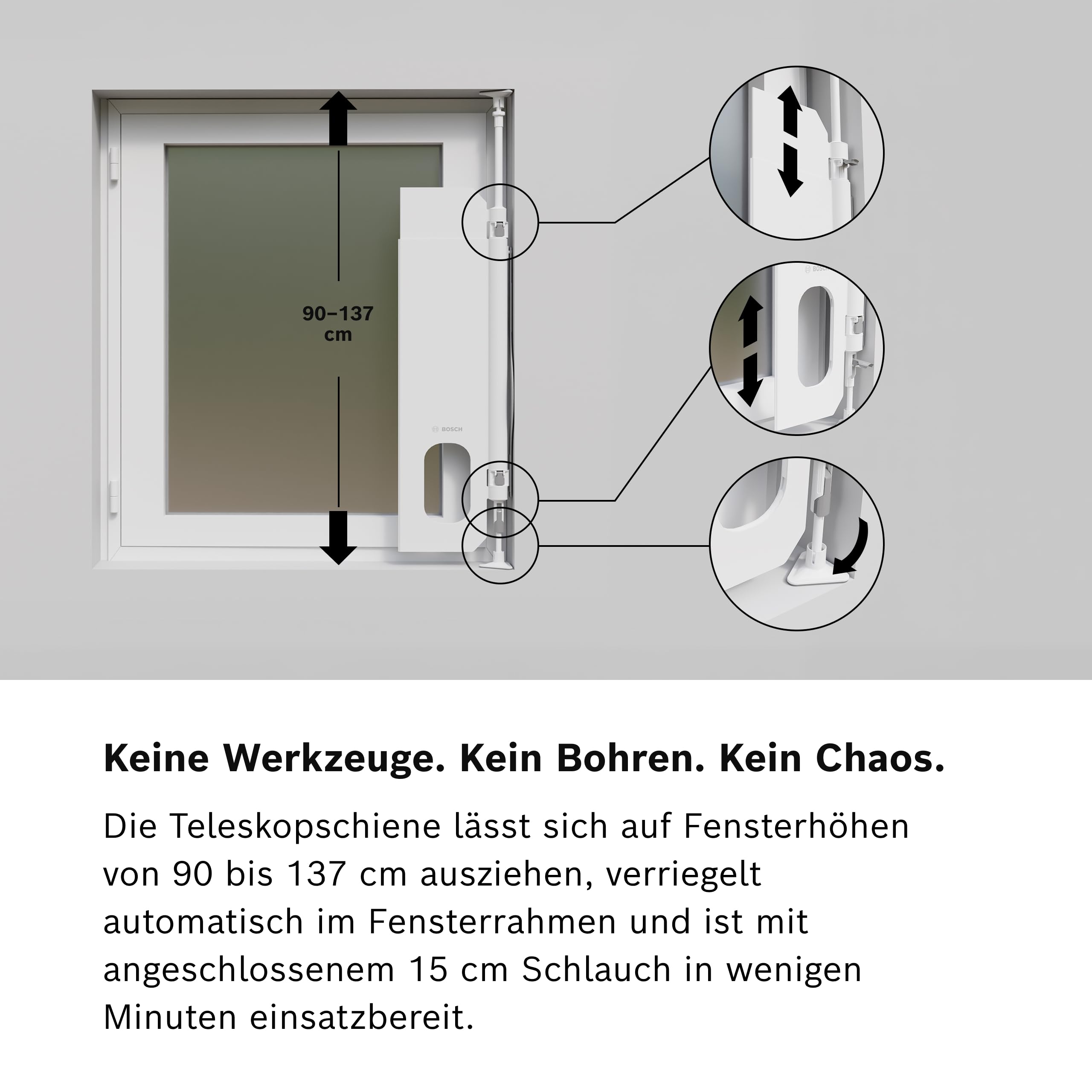 Bosch Fenster-Kit für Mobile Klimageräte - Für Dreh-Kipp-Fenster, Größenverstellbar 90-137 cm, Werkzeuglose Montage, Adapter für 15 cm Abluftschlauch, Inklusive Zubehör und Aufbewahrungstasche