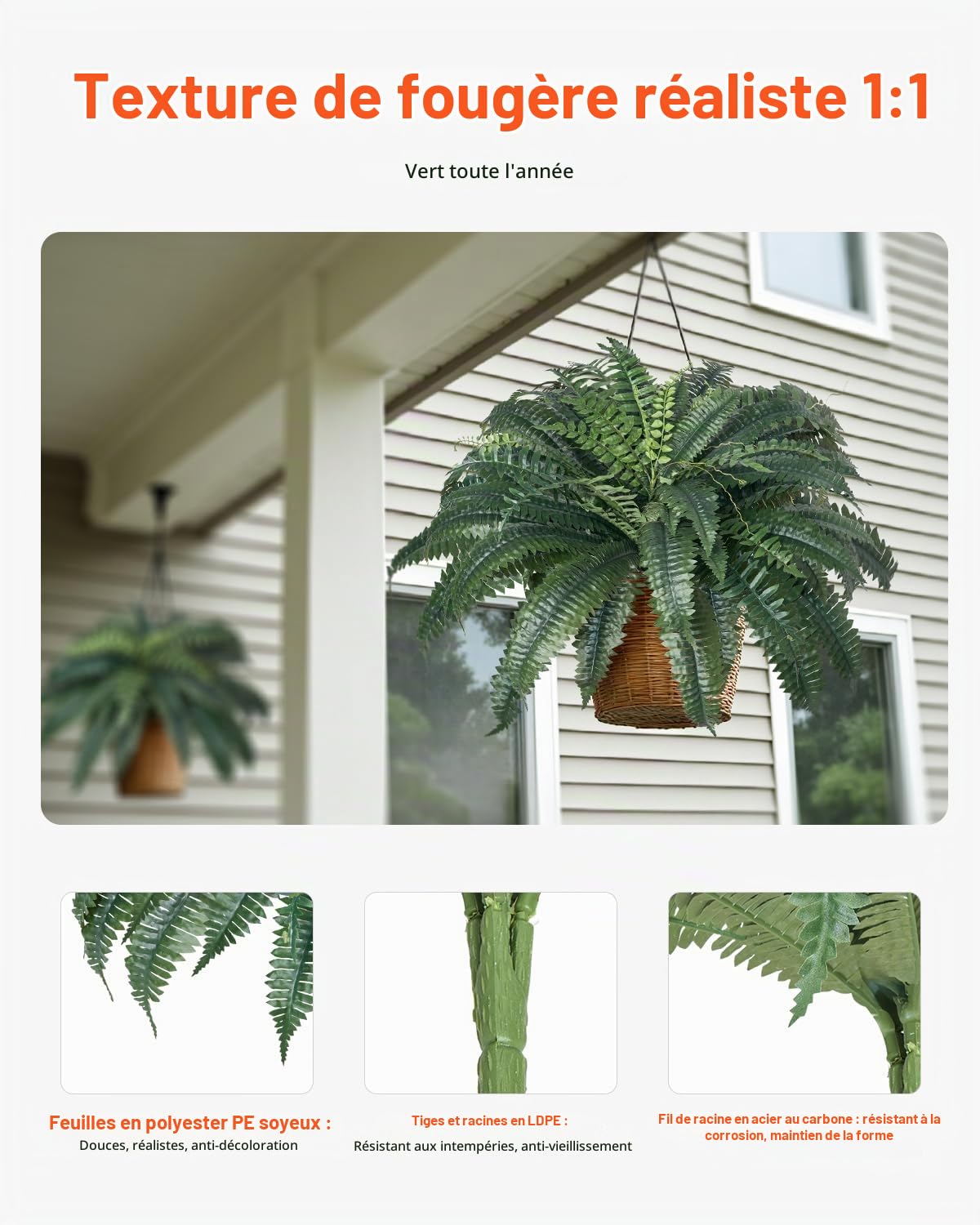 VEVOR Fougère Artificielle, Lot de 2, Fausse Fougère de Boston 110-120 cm, Plante Artificielle Suspendue avec 50 Feuilles, pour Décoration Intérieur Extérieur, Maison, Bureau, Pot de Fleurs Non Inclus