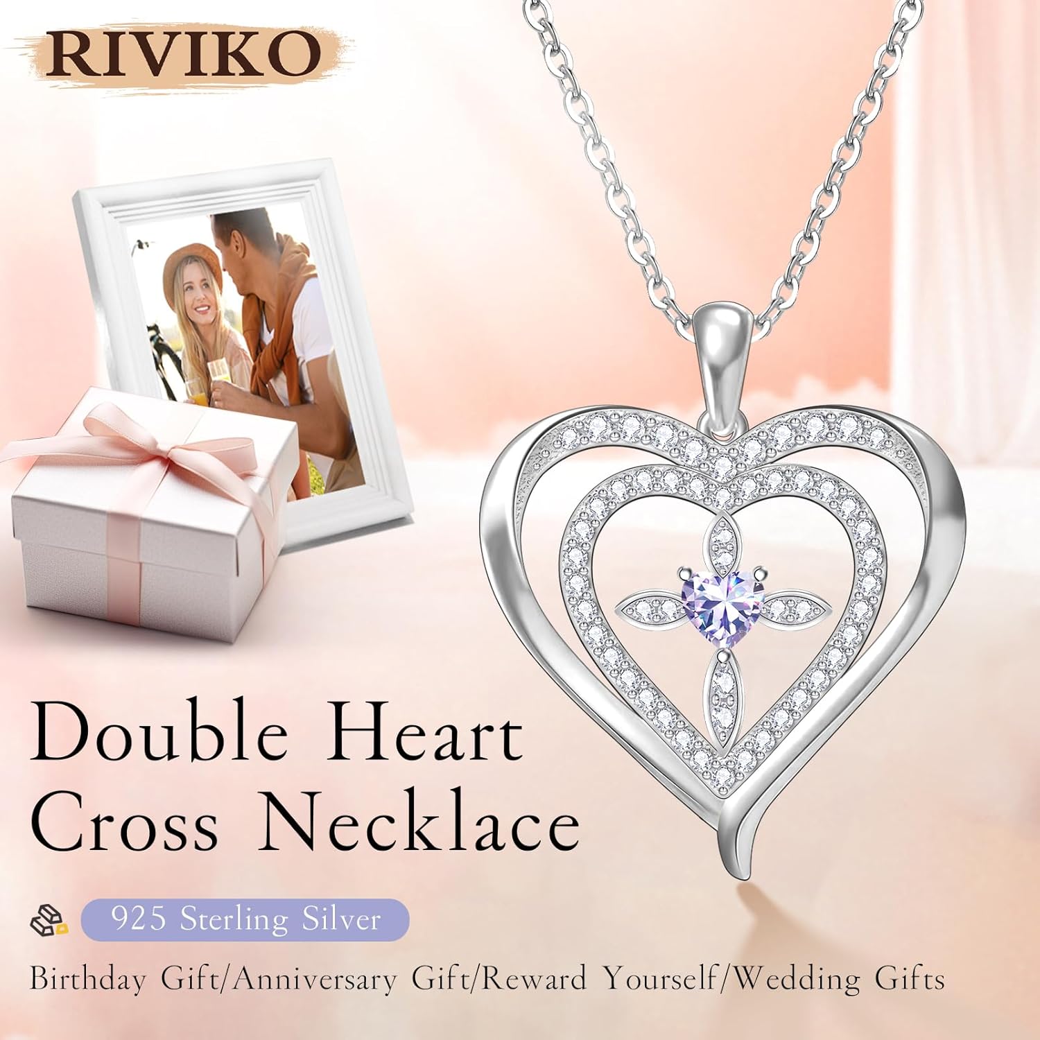 RIVIKO 925 Sterling Silver Cross Birthstone Necklace for Women,Love Heart Pendant Necklaces Trendy,Valentines Day Gifts for Her,Anniversary Jewelry Birthday Gifts for Women Wife Mother Friend - Image 2
