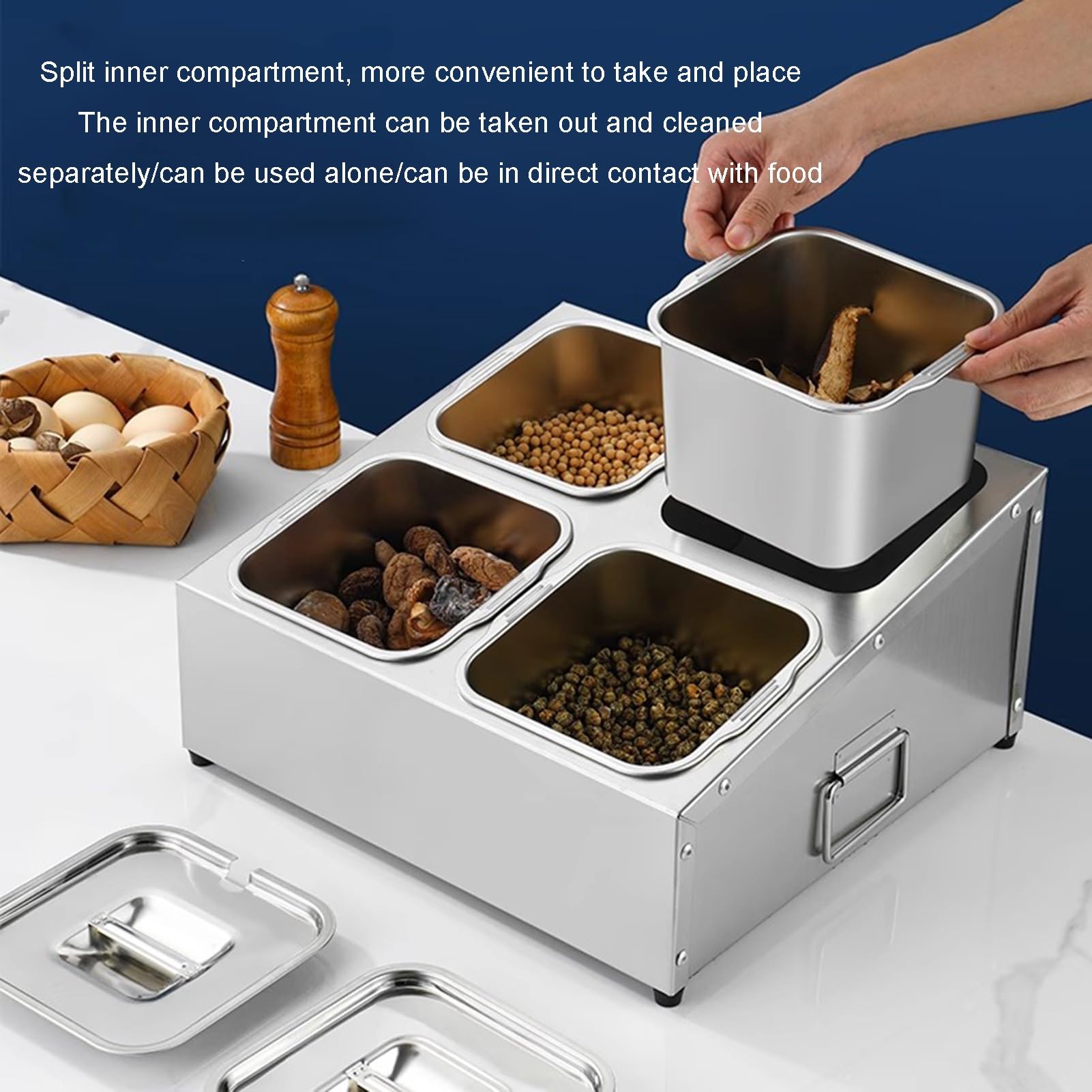 Juego De Especieros Comerciales De Acero Inoxidable Soporte Para Mostrador, Recipiente Para Alimentos Dispensador, Caja Organizadora Para Sal, Azúcar, Condimentos Y Frutas(Silver-B,53x18x15.5cm)