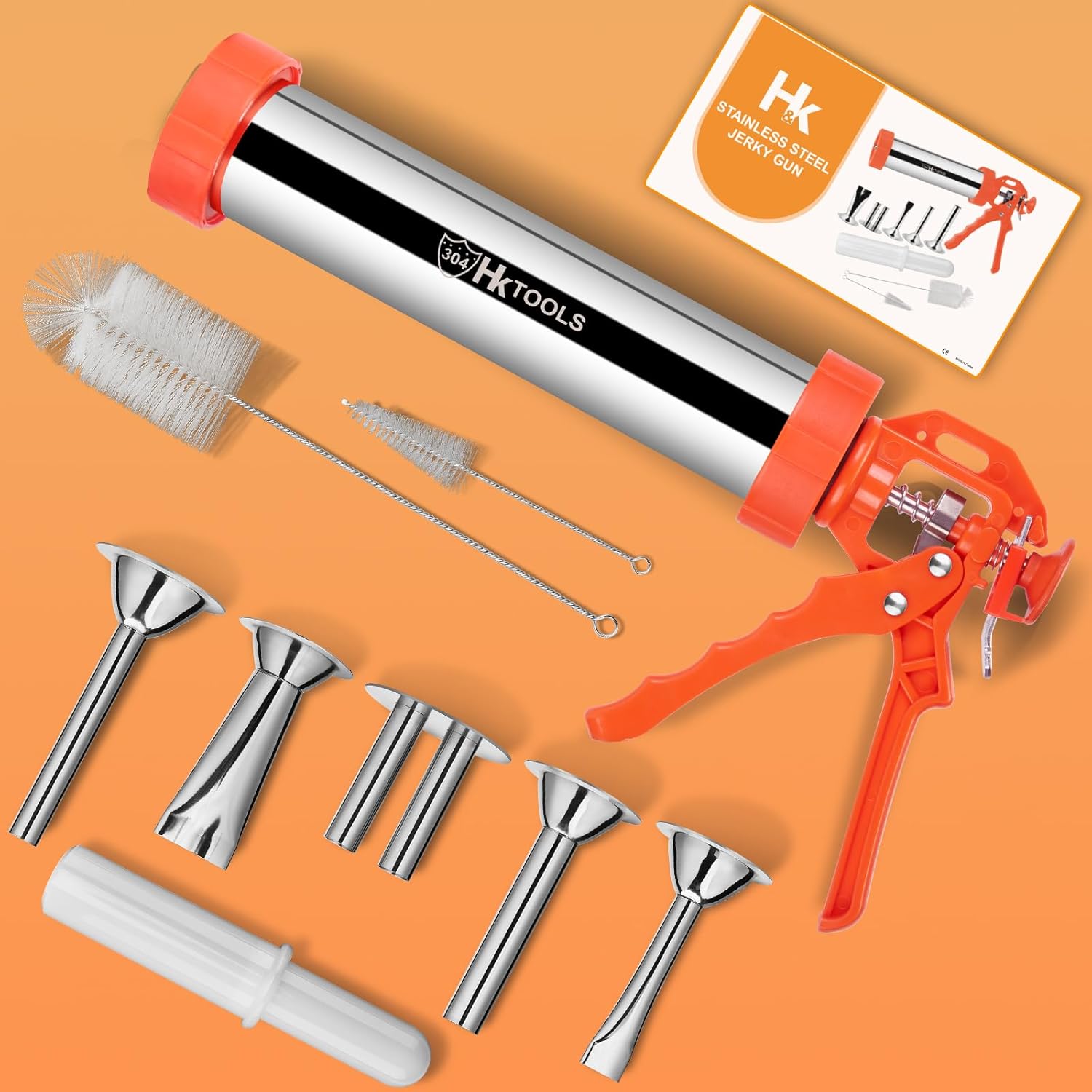 HK Jerky Gun Kits, Jerky Maker Gun, Beef Jerky Gun, 2.5 Pound Stainless Steel Sausage Stuffer Jerky Making Gun with 5 Stainless Nozzles, 2 Cleaning Brushes, 1 Stomper