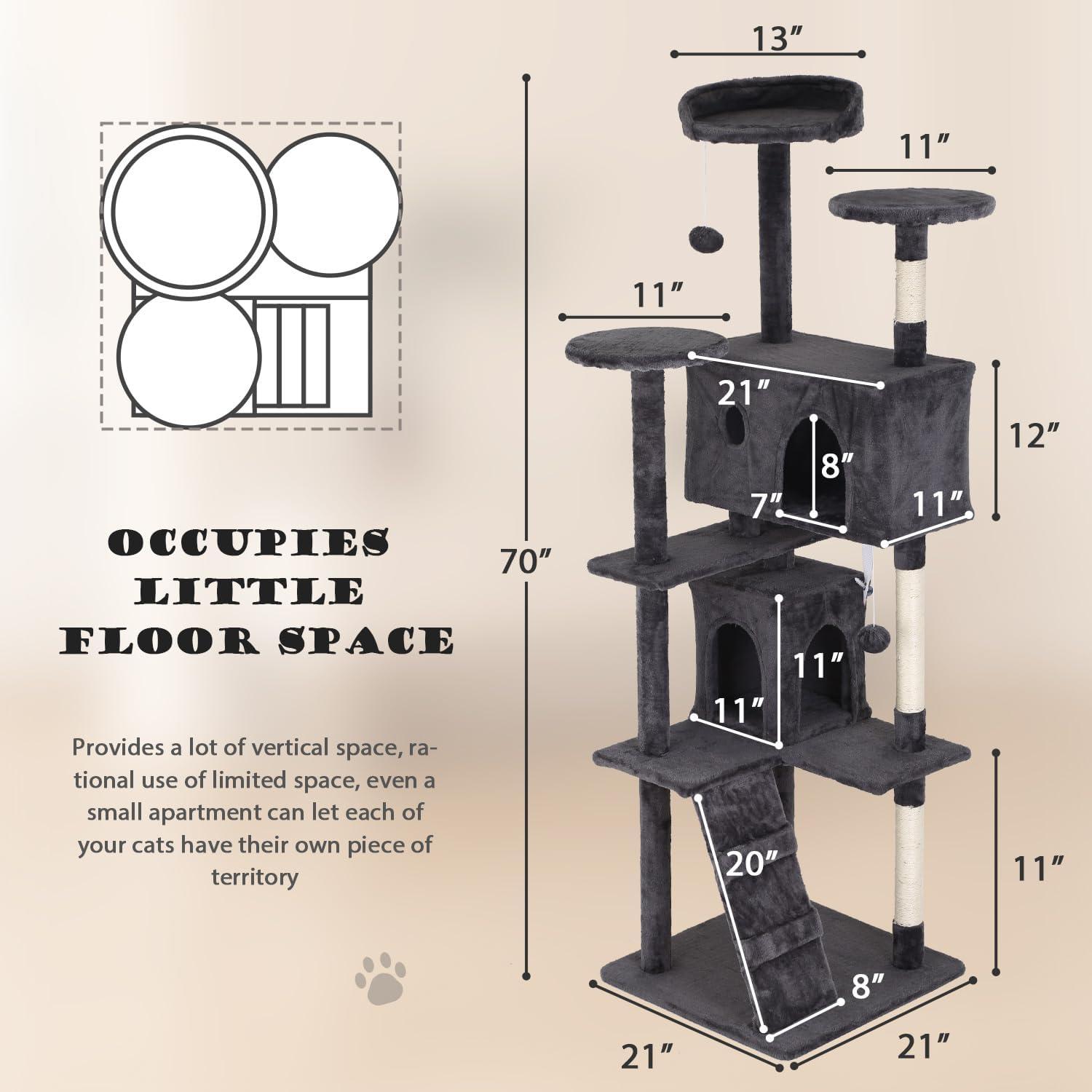 Dimensions diagram of the 70-inch cat tree, showing height, width, and platform sizes.