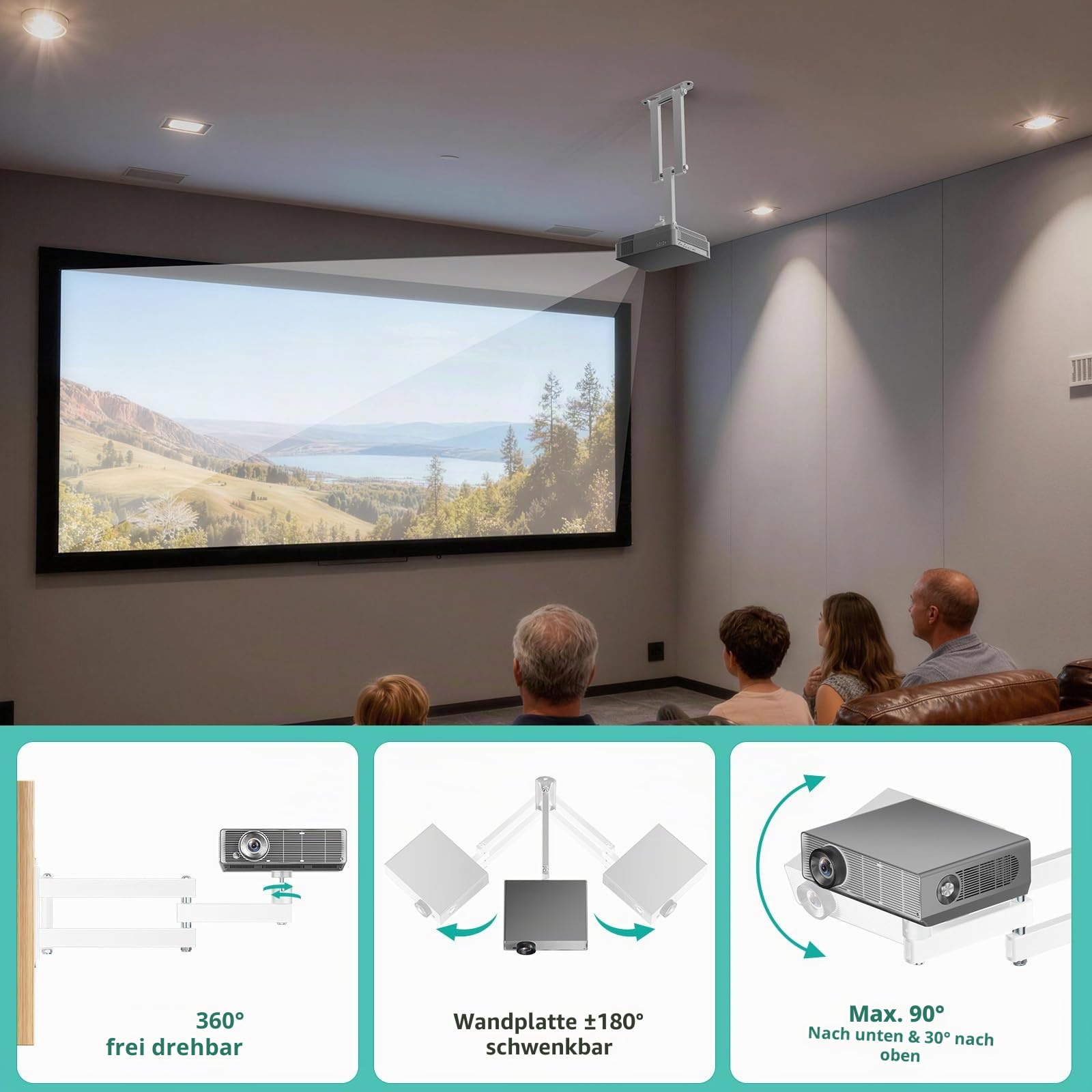 WALI Faltbare Projektor-Wandhalterung, universal, verstellbar, Aluminiumlegierung, Projektorständer, 6,35 mm M4 M6 Schraubengröße, (1330LM-PMW), Weiß