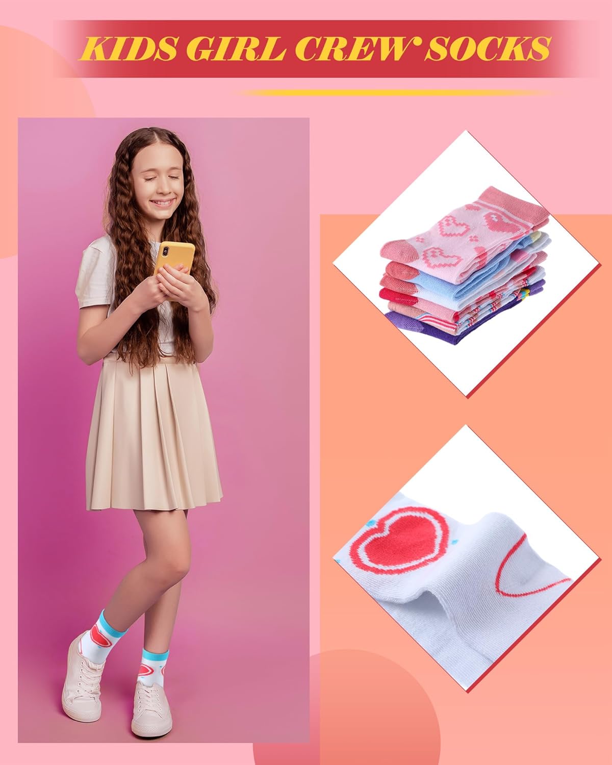 16 Pair Valentines Day Socks for Kids Girl Cotton Crew Heart Sock with Stripe Age 6-10 Soft Casual Sock Gifts - Image 5