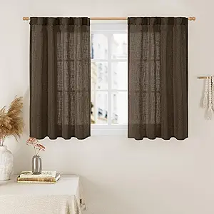 LAMIT 40 Inch Length Linen Curtains for Small Windows, Semi Sheer Light Filtering Panels Back Tab and Rod Pocket Neutral Drapes for Basement/Window/Loft Room, Dark Brown, 2 Panels, 34 x 40 Inch