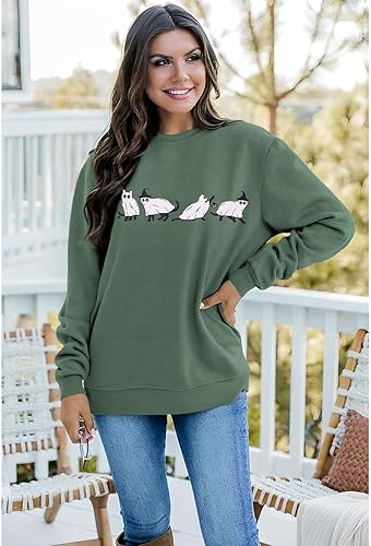 Miniatura 2 de BOUTIKOME Sudaderas de Halloween para mujer, diseño de gato espeluznante, manga larga, cuello redondo, suéter suelto para otoño