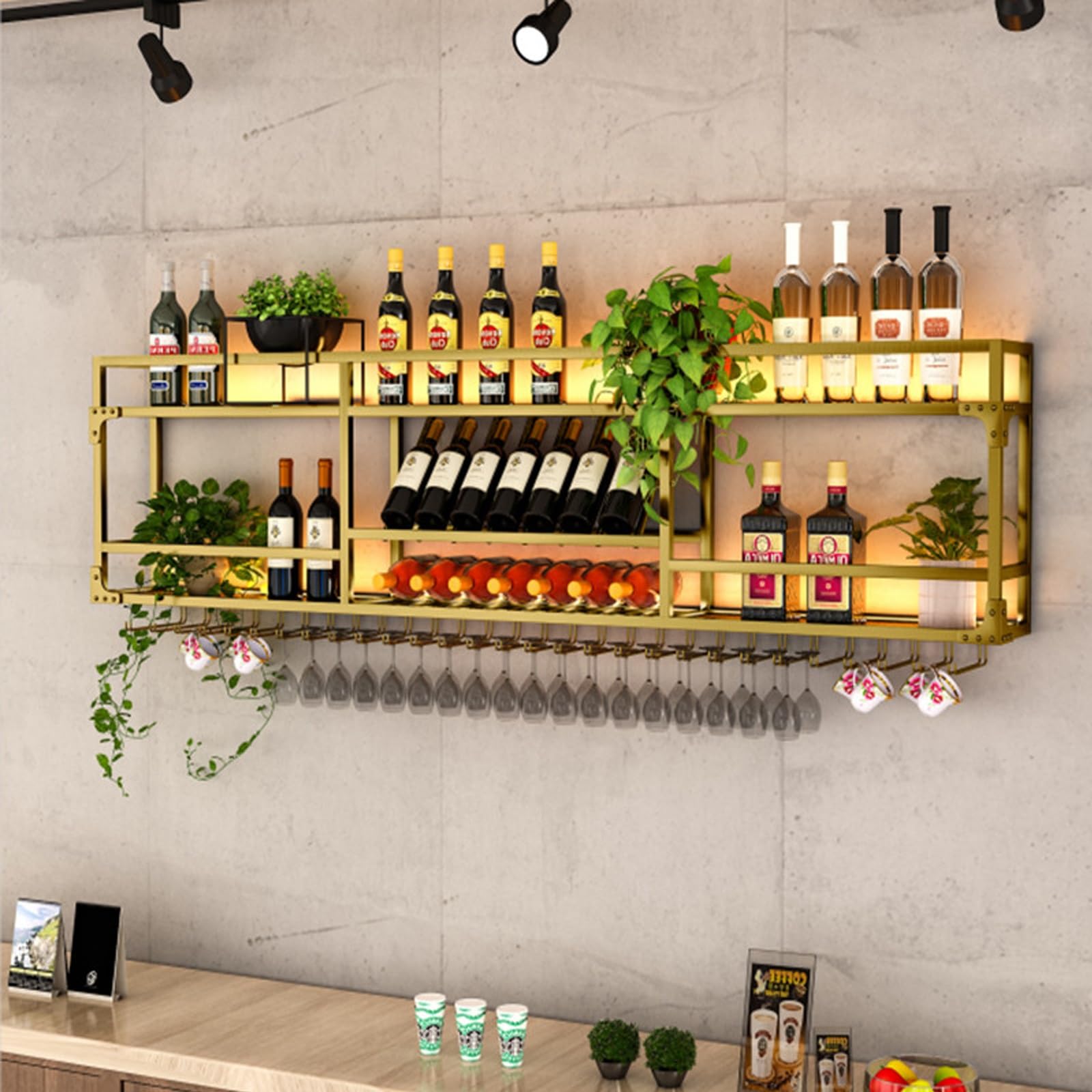 Nowoczesny naścienny stojak na wino z uchwytem na kieliszki i siatką do przechowywania stylowy czarny design 100 cm długości - idealny do dekoracji baru i kuchni