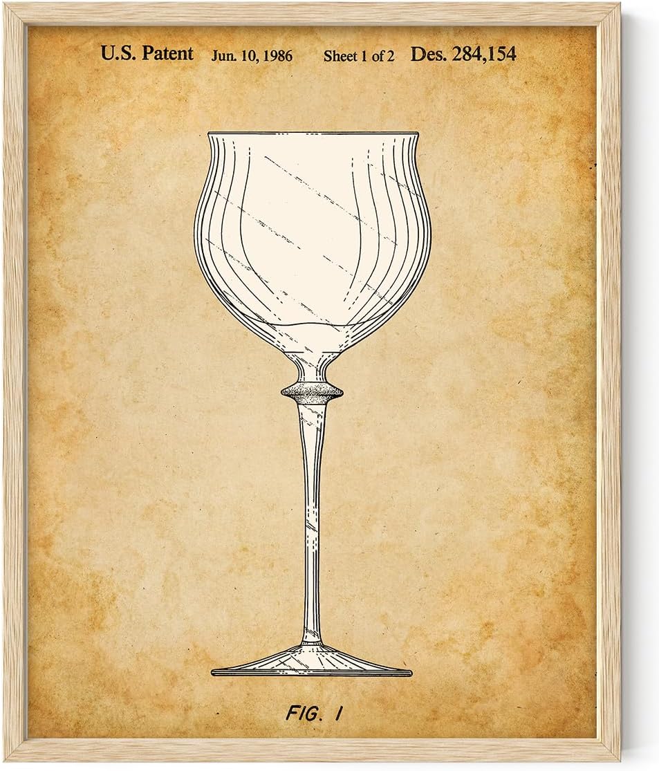 Vintage Wine Glass Patent Drawing 1986 Stemware Illustration Antique Parchment Style Bar Wall Art for Home Bar Kitchen Dining Room Wine Lover Gift Decor Historic Patent Artwork 16x20 Unframed Poster