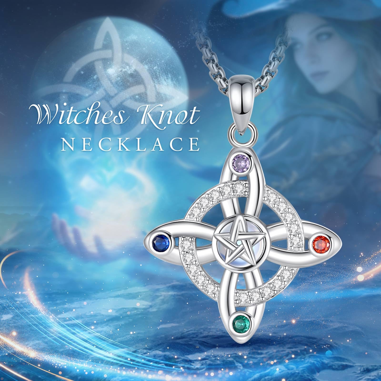 AEONSLOVE Hexenknoten Halskette Damen Silber 925 Irisch Keltischer Knoten Kette mit Mondstein Obsidian Hexenanhänger Hexen Knoten Schmuck