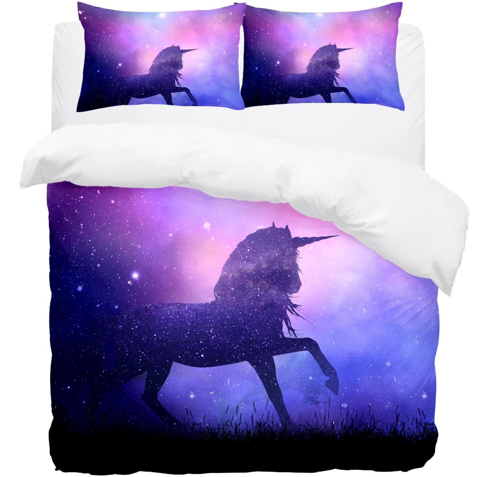 Parure de lit licorne et ciel étoilé bleu violet pour de tendres nuits magiques