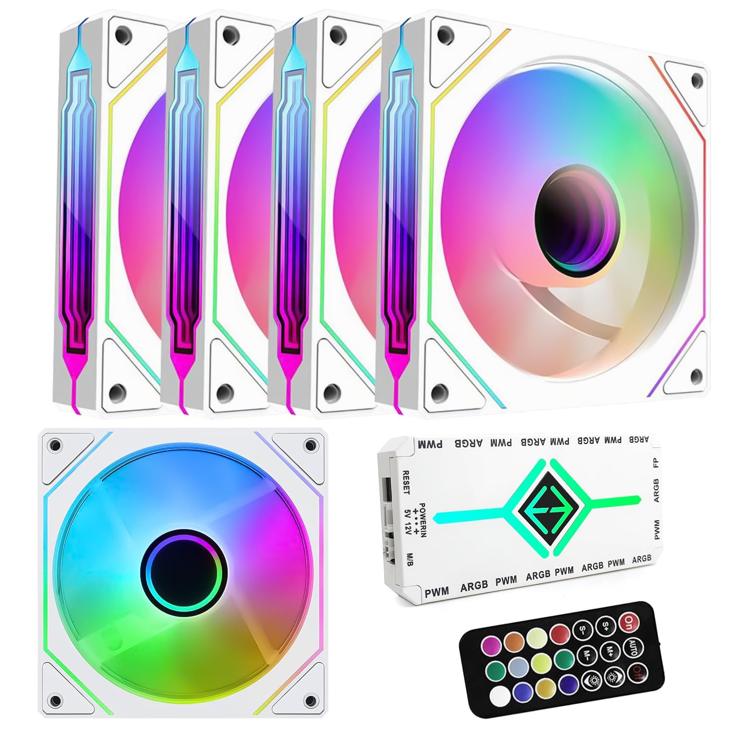 Ventiladores RGB: paquete de 5 ventiladores PWM ARGB de 120 mm con concentrador de ventilador y control remoto, control de velocidad, ventilador de control PWM para carcasa de computadora y sistema de