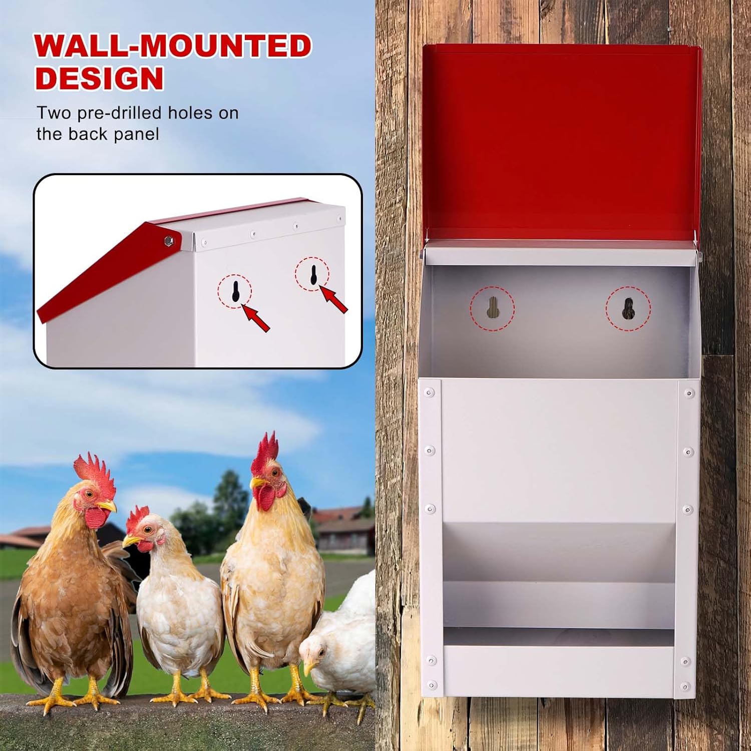 Automatic Metal Chicken Feeder Galvanized Poultry Feeder with Lid Outdoor Wall Mount Chicken Food Dispenser Gravity Fed Chicken Feeder Weatherproof No Waste Quail Duck Feeder (10LBS)