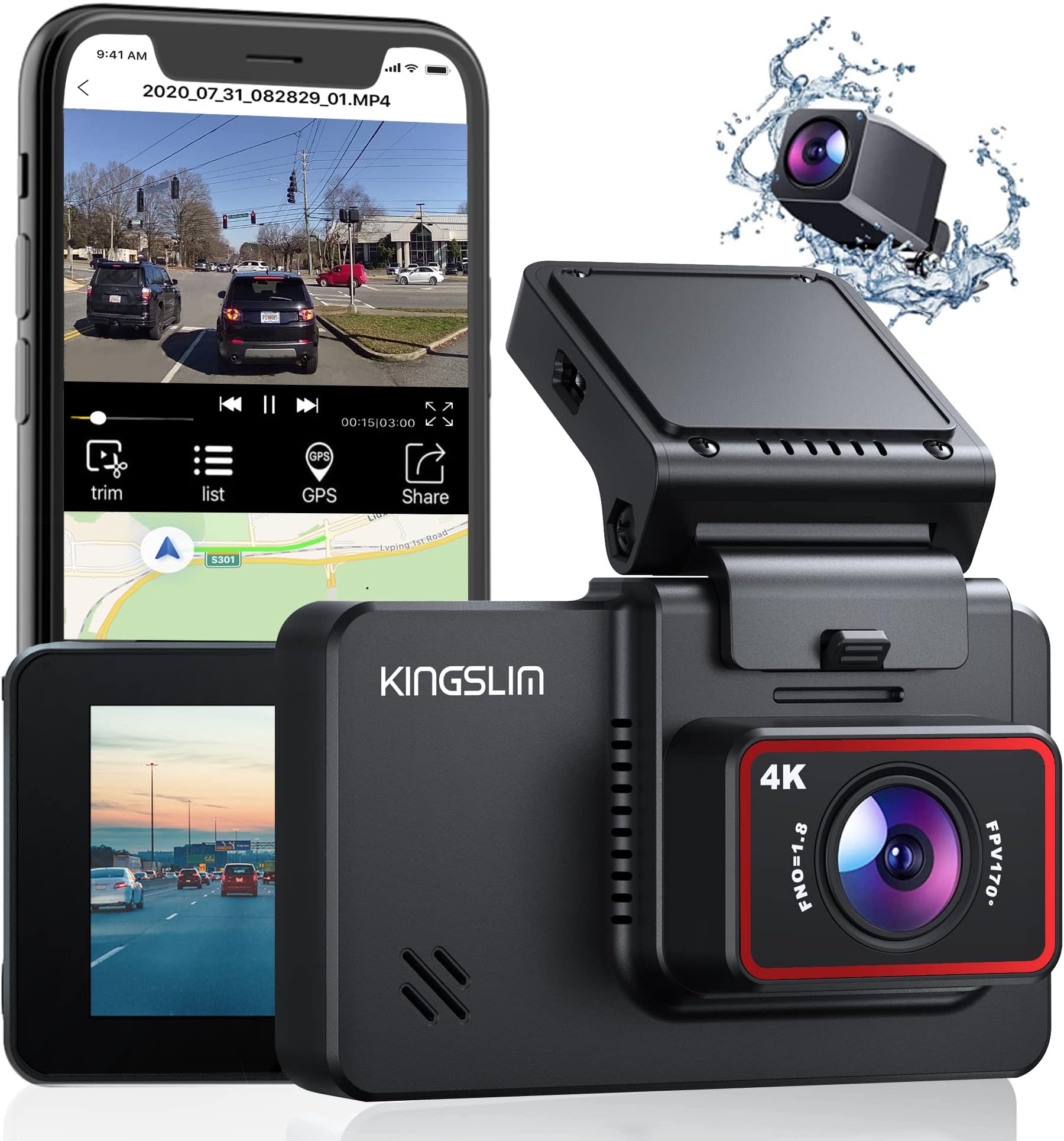 Kingslim D4 Dual Dash Cam with Built-in WiFi GPS, Front 4K/2.5K Rear 1080P for Cars, 3" IPS Touchscreen 170° FOV Dashboard Camera with Sony Starvis Sensor, Support 256GB Max