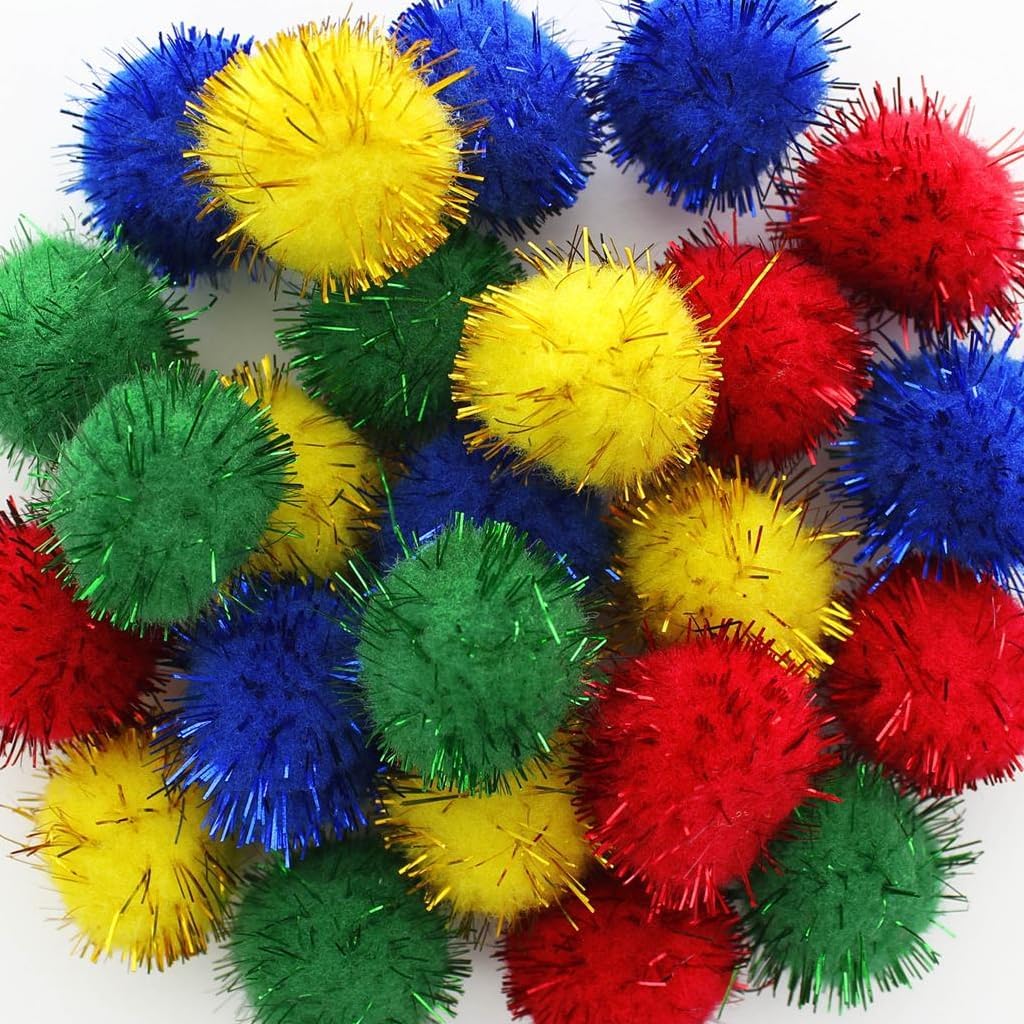Essentials By Leisure Arts Pom Poms 1 Inch Tinsel Christmas 24 Pack – Fluffy Holiday Craft Supplies for Decorations & DIY Ornaments – Red Green Blue Yellow Colors