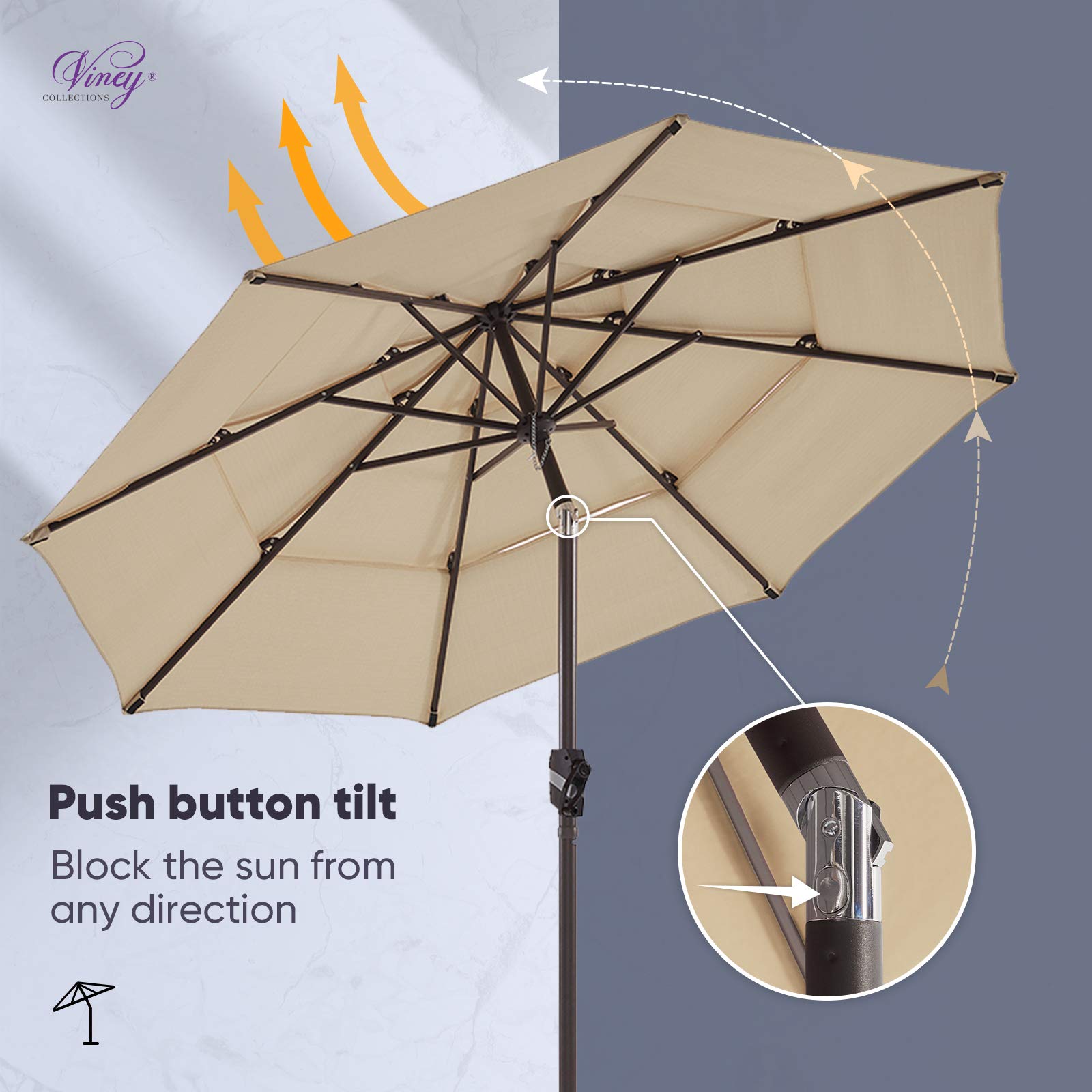 VINEY 9FT 3Tiers Sunbrella Umbrella Market Table Sun Umbrella Aluminum