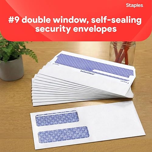 Miniatura 2 de Staples Sobres de cartas de negocios #9, doble ventana, teñido de seguridad, cierre autosellado, 8-7/8 x 3-7/8 pulgadas, paquete de 500, color blanco