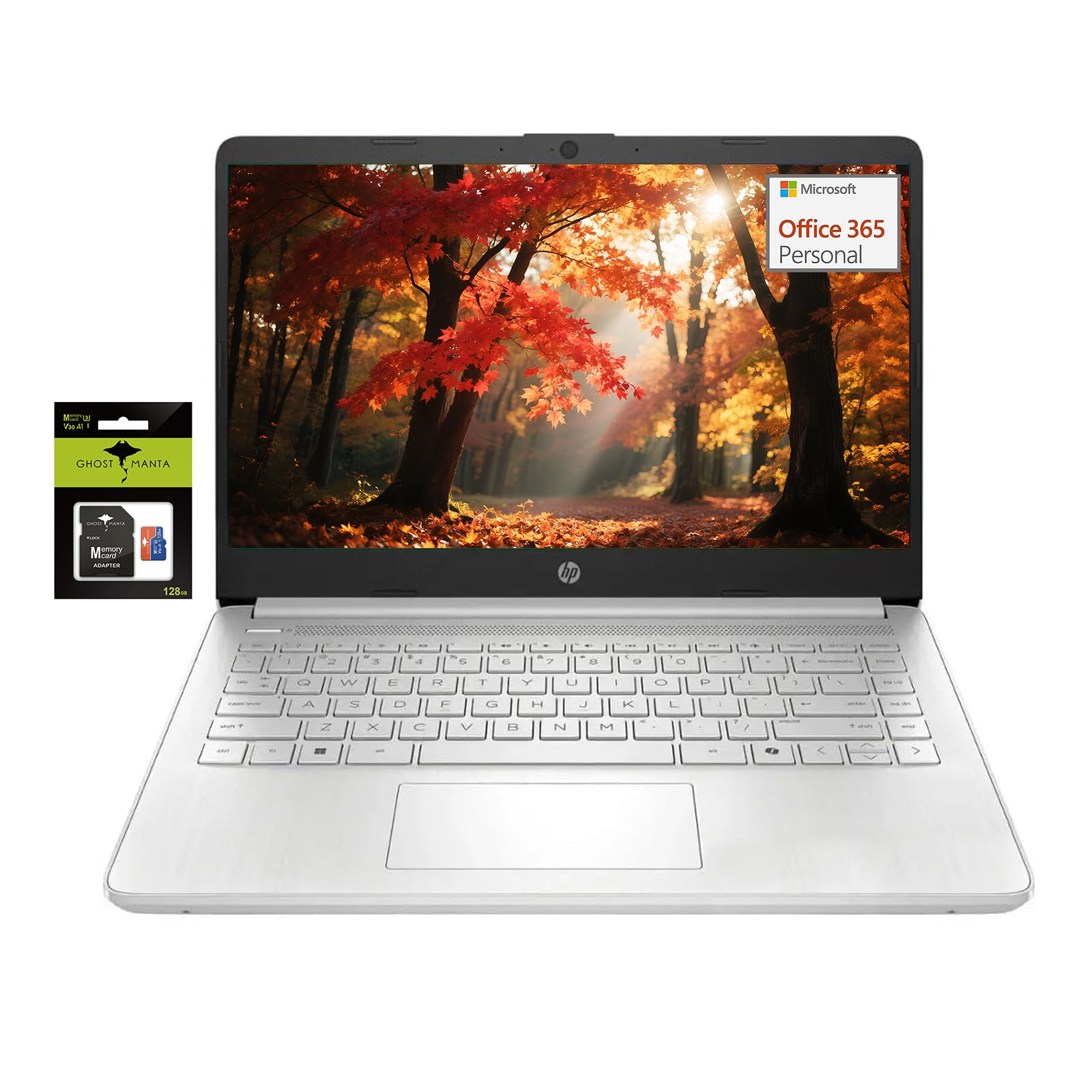 HP 14" Student-Laptop with Copilot AI office365, Quad Core Intel Processor N150(Up to 3.6GHz) 16GB RAM 256GB Storage(128GB UFS + 128GB Ghost Manta SD Card) Win11