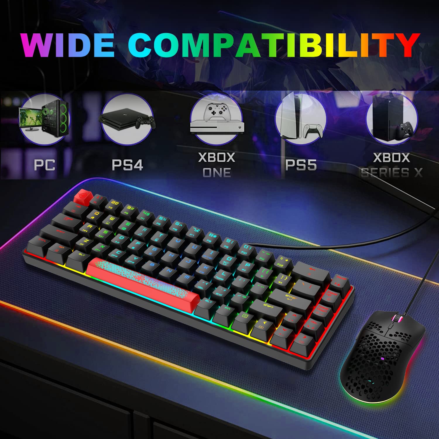 Lexonelec MK14-65 Percent Kompakt Pc Mac Gaming Maus Und Tastatur Set Mit Kabel RGB Handballenauflage Typ C Gamer Tastaturen Ergonomische 12000 DPI Beleuchtung Led Maus - Roter Schalter