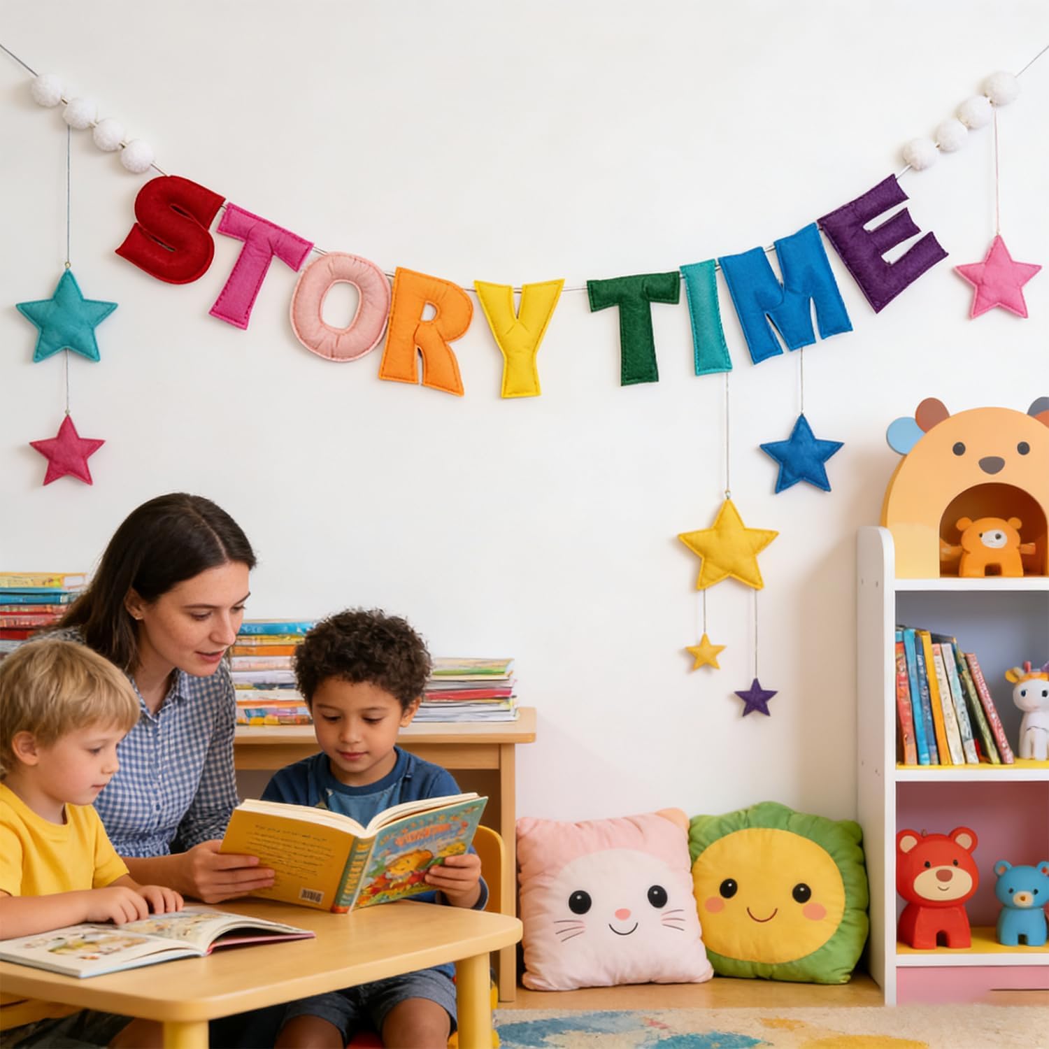 Pre-Strung Felt Storytime Banner - Handmade Nursery Story Time Wall Sign 3D Wool Rainbow Storytime Felt Garland, Reusable Reading Corner Decor for Nursery Kids Room Classroom Library (Storytime)