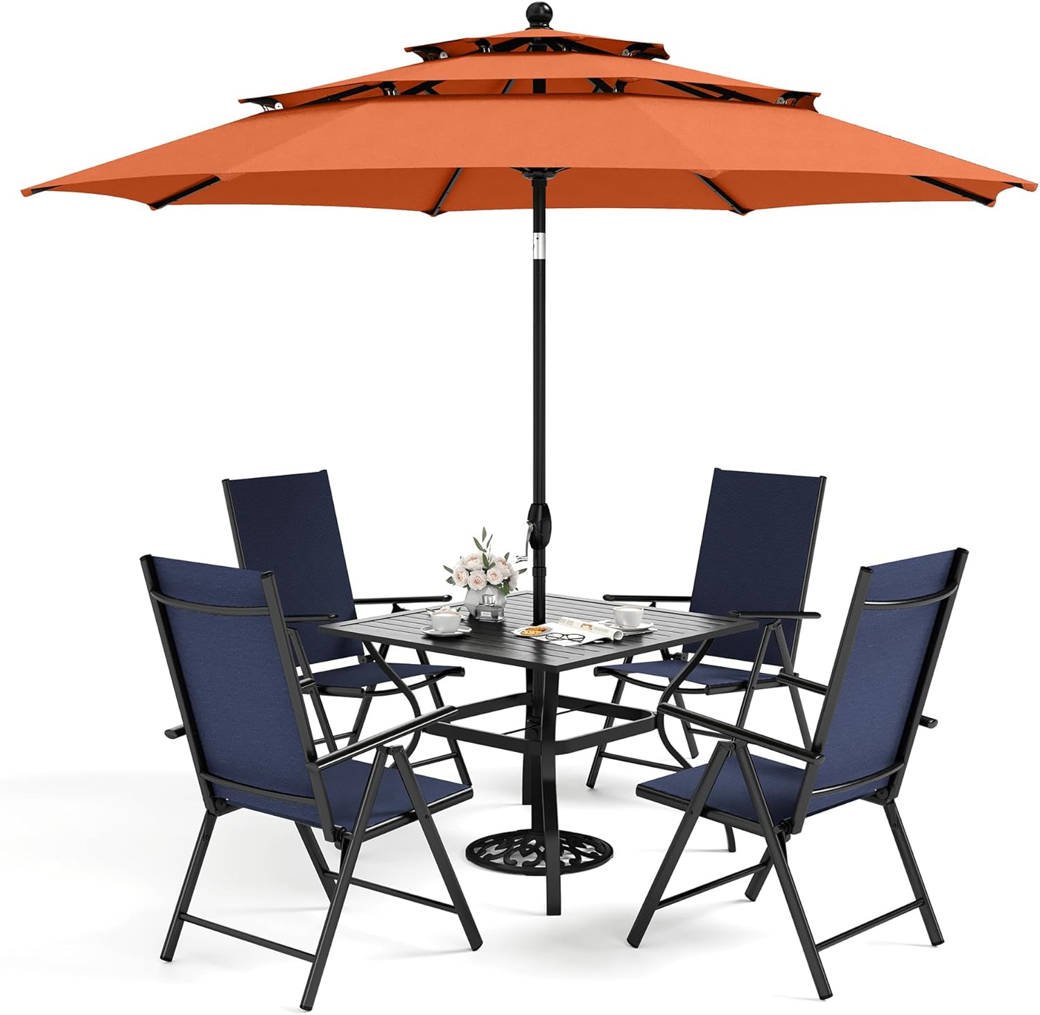 Sophia & William 5 Pieces Patio Dining Set with 10ft Red Umbrella, Folding Outdoor Dining Chairs for 4, Square Metal Patio Table and Sling Chairs Set, Blue