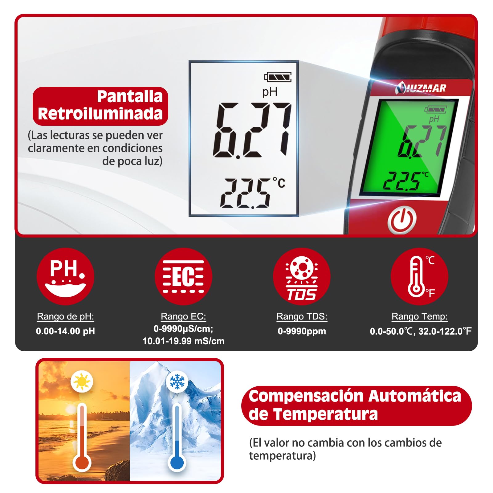 UIUZMAR Medidor de pH EC TDS 4 en 1 para Agua Piscina Hidroponia