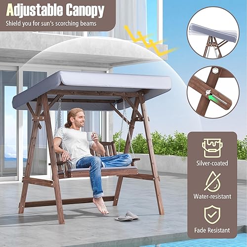 Miniatura 4 de Tangkula Columpio de madera para porche, columpio para exteriores con marco en A para 2 personas con toldo ajustable, cojín, reposabrazos, cadena