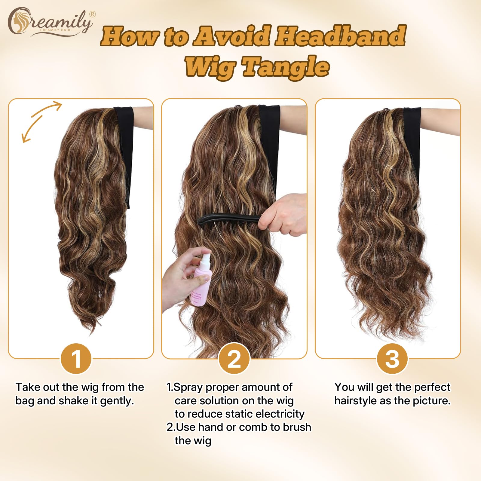 Creamily Curly Headband Ice Silk Wig Highlight Brown Headband Wigs 23‘’/58cm Synthetic Headband Wig for Women Daily Use