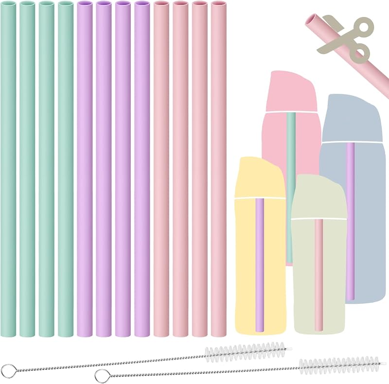 NiHome 12PCS Reusable Silicone Straws Fit for Owala Water Bottle, 3 Colors | Cut-to-Size Length Straw Compatible with FreeSip 19/24/32/40oz and FreeSip Sway 30/40oz, Kids Tumbler 12/15oz, with Brushes