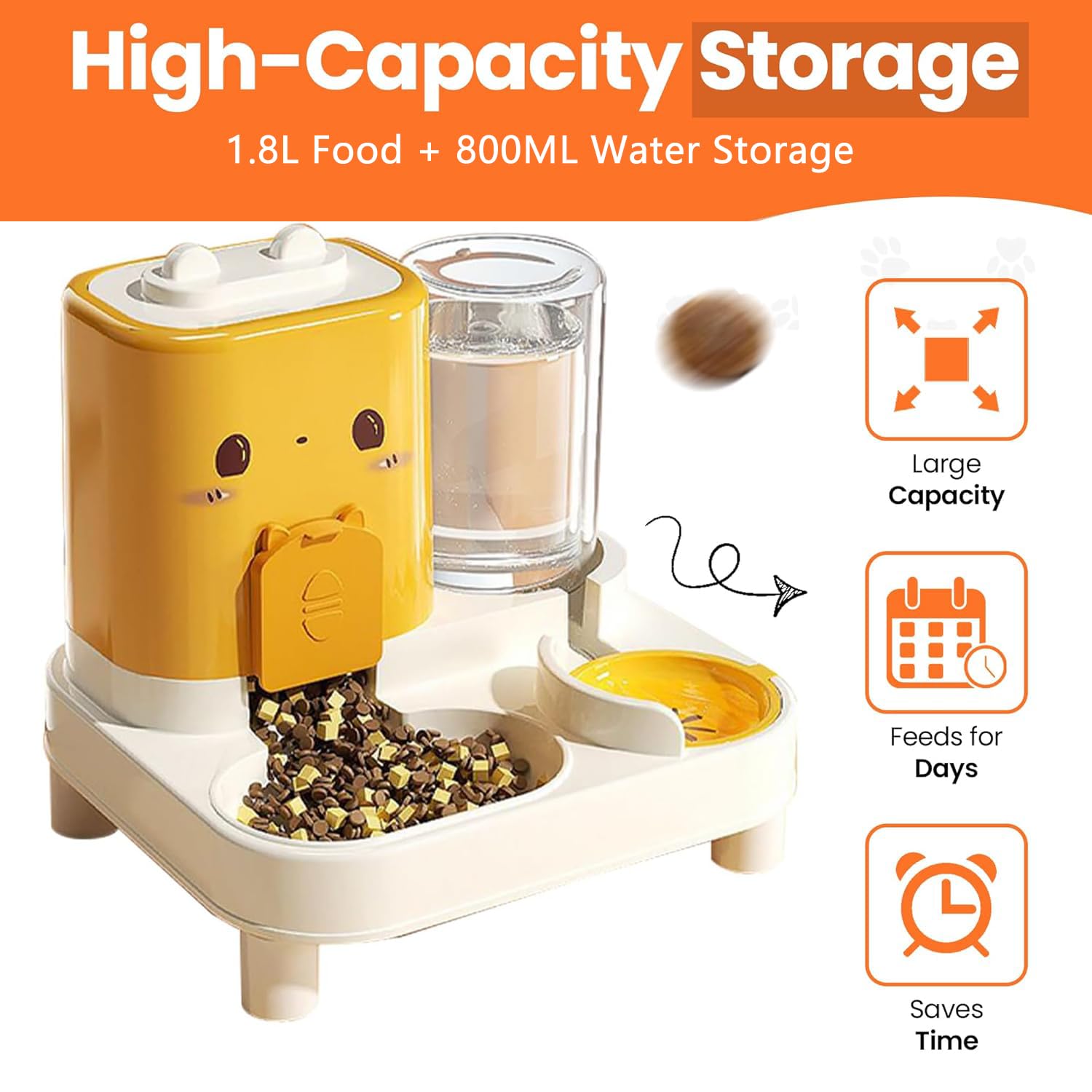 Wasserspender Futterspender für Katze und Hund, 2-In-1 Automatischer Trockenfutterspender, Automático Gravity Futterautomat Katze, Haustiere Futterstation, für Kleine Hunde Katzen (Gelb)
