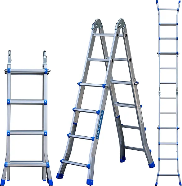 A Frame 4 Step Telescoping Ladder, 14 FT Reach Height Muti Position Folding Ladder with Flared Leg, 330 lbs Bearing Capacity Folding Aluminum Ladder for Stairs Home Indoor Outdoor Roof Use