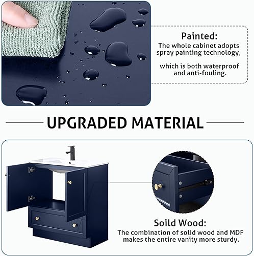 Miniatura 6 de LUCKWIND Tocador de baño de 30 pulgadas con fregadero, diseño de línea de zócalo de madera maciza pintada, gabinete de almacenamiento de baño,