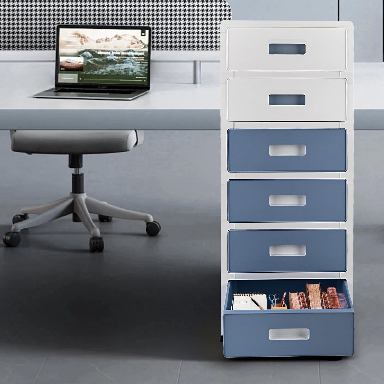 Cassettiera a 6 ripiani, in plastica con ruote, con cassetti, organizer da scrivania, 35 x 26 x 83,5 cm, sistema di stoccaggio in plastica, colore: blu/bianco