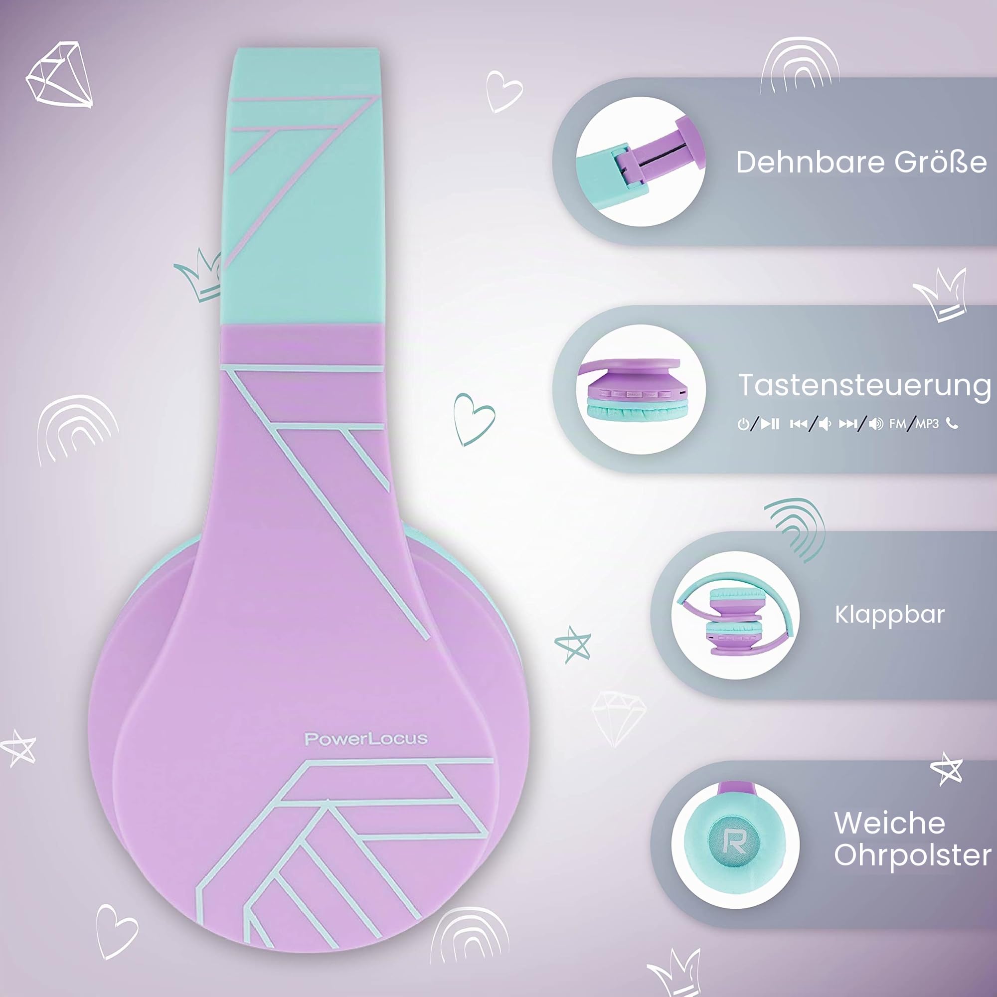 PowerLocus Bluetooth Kopfhörer Kinder, Kinderkopfhörer Over-Ear mit 85dB Lautstärkebegrenzung, Faltbar, Bluetooth 5.3, Micro SD, Kabellos und Kabel, Eingebautes Mikrofon für Handy/Tablet/Reise