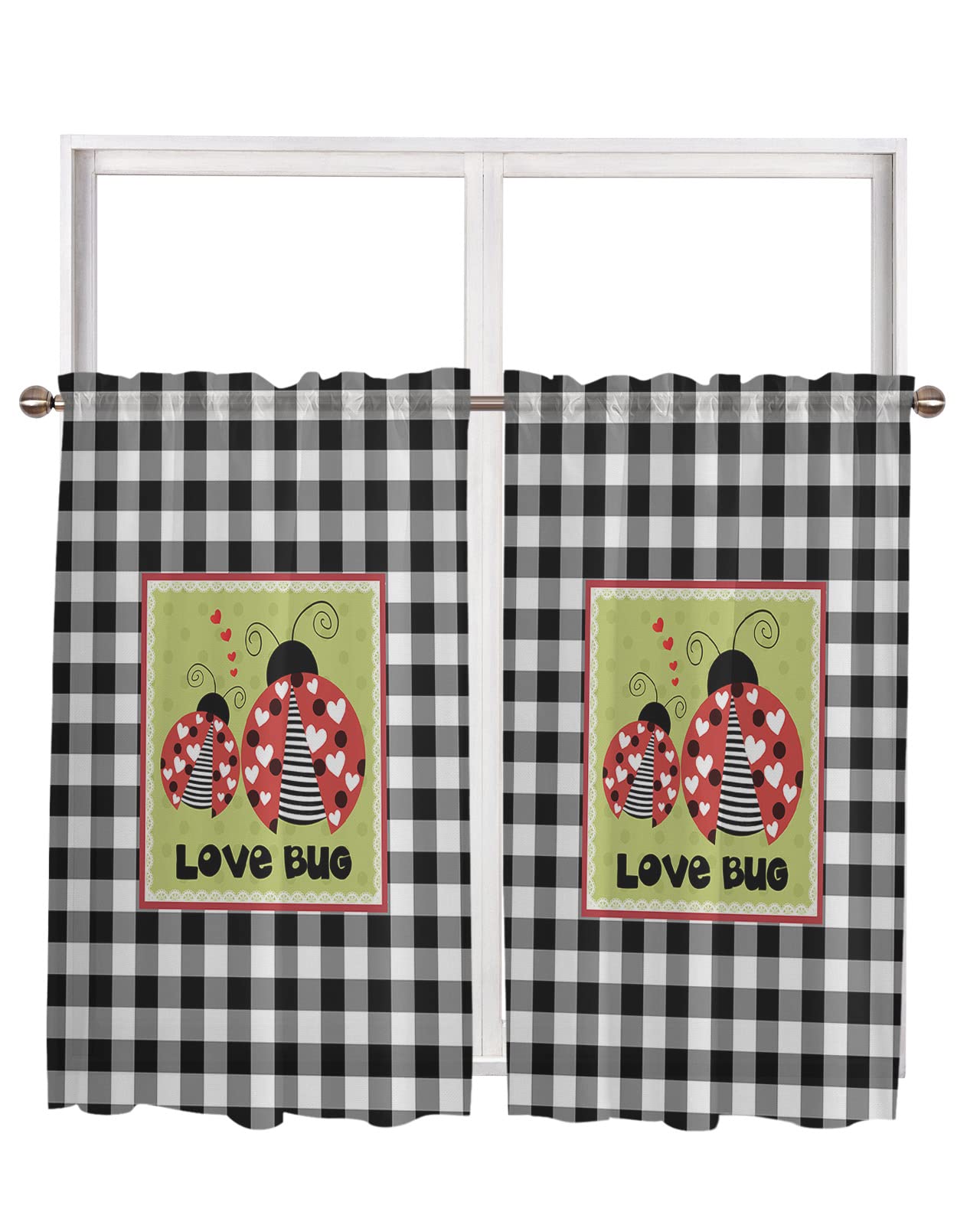 Valentines Love-Bug Window Sheer Curtain Panels Sets of 2 - Small Tier Drape Curtains 45 Inches Long for Kitchen,Bedroom,Living Room,Black Plaid White Lace Red Love Green Spring Holiday 55x45