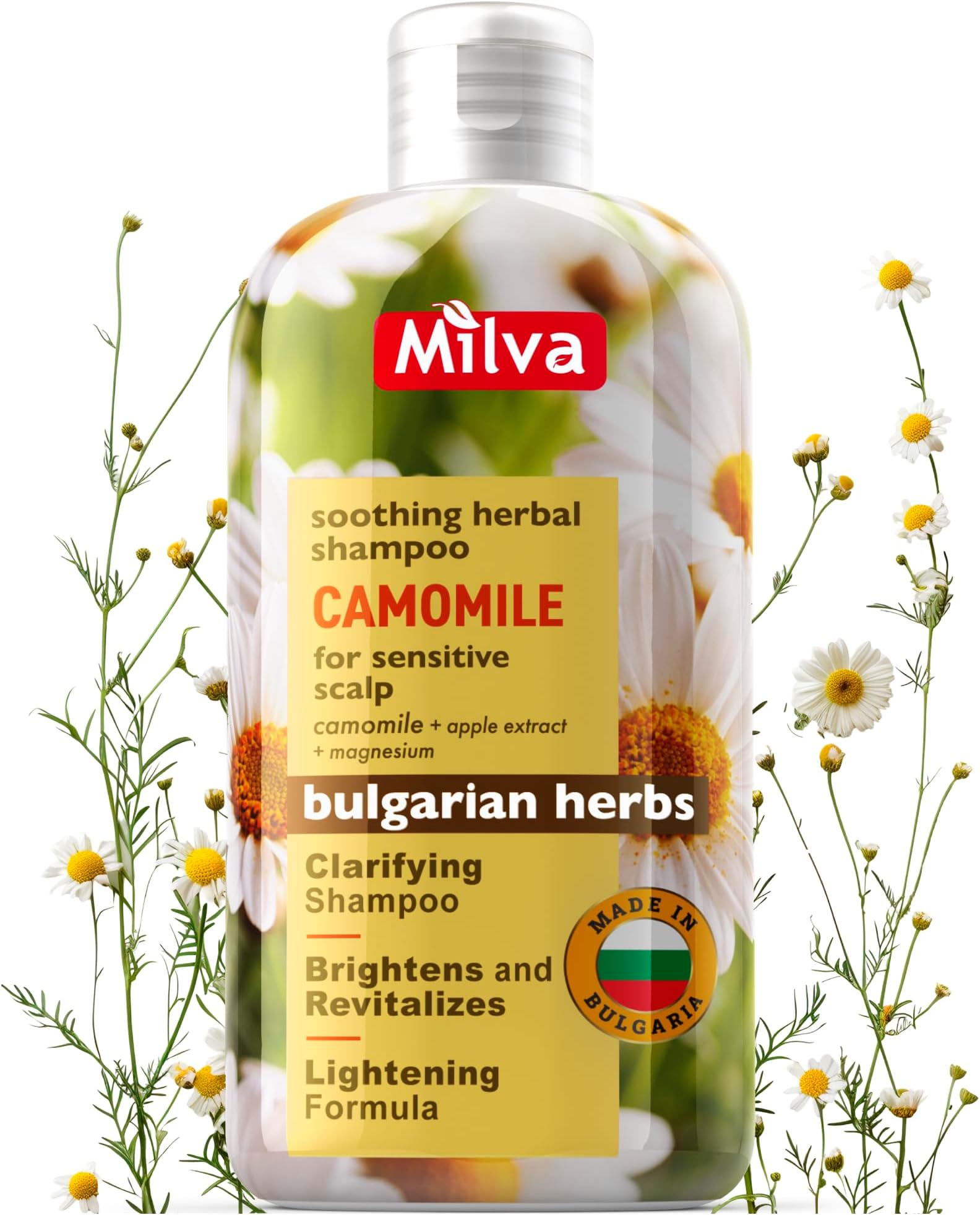 Chamomile Shampoo for Sensitive, Dry, Itchy Scalp with Magnesium & Apple Extract - 200ml Cleansing, Clarifying Shampoo with Herbal Soothing Formula - Naturally Lightens & Brightens Blonde Hair