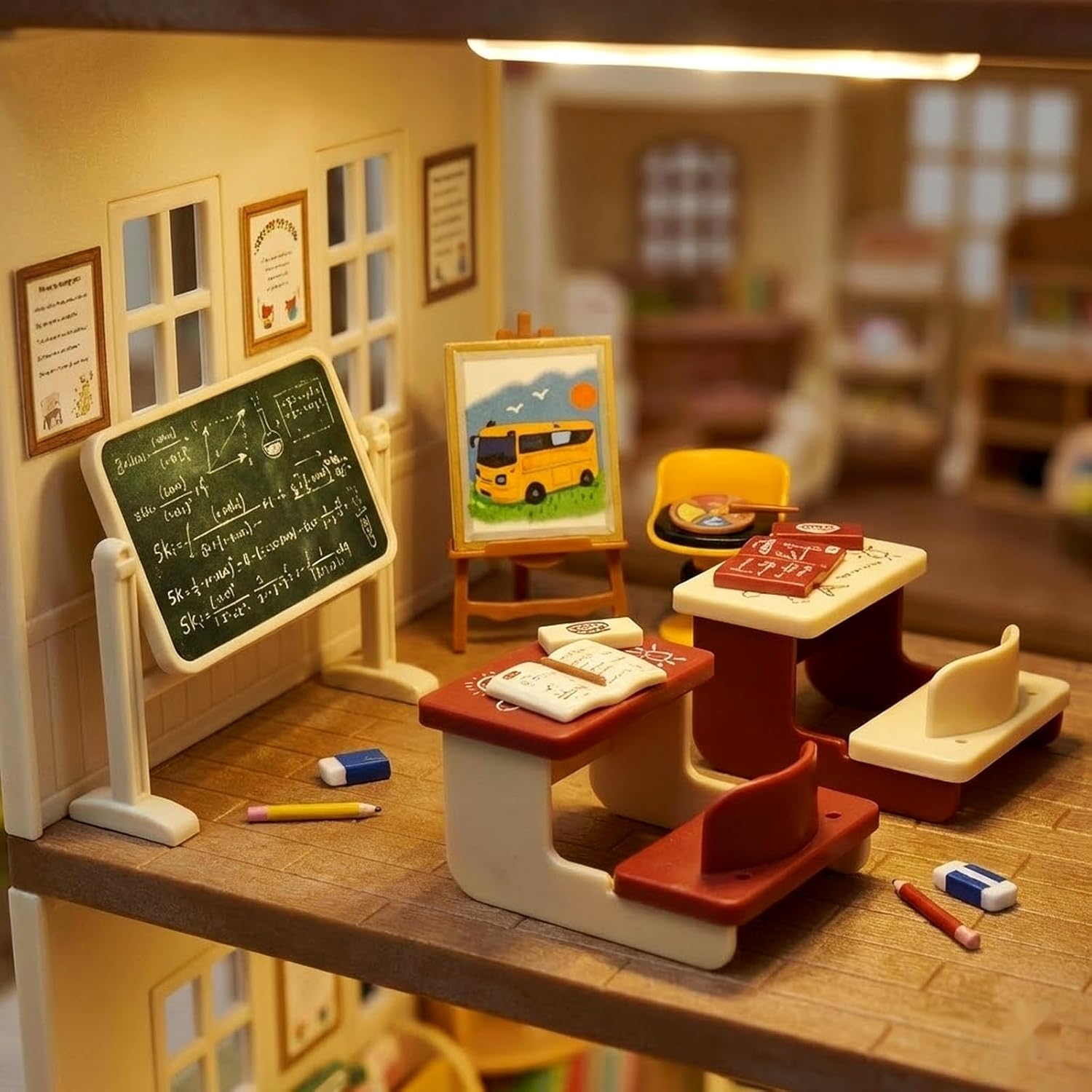 LOGOFUN 2 Sets of Dollhouse Classroom Accessories Miniature School Desk Chalkboard Model for Mini House School Furniture Accessories