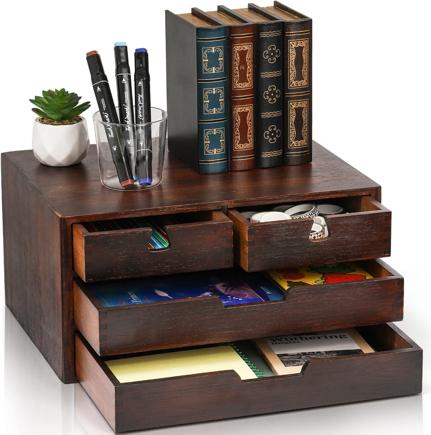 DEAYOU Bambus-Schreibtisch-Organizer, 100% natürlicher Bambus, Schreibtisch-Organizer, dunkelbraune Tisch-Aufbewahrungsbox mit 4 Schubladen für Make-up, Briefe, 3 Ebenen, vollständig montiert