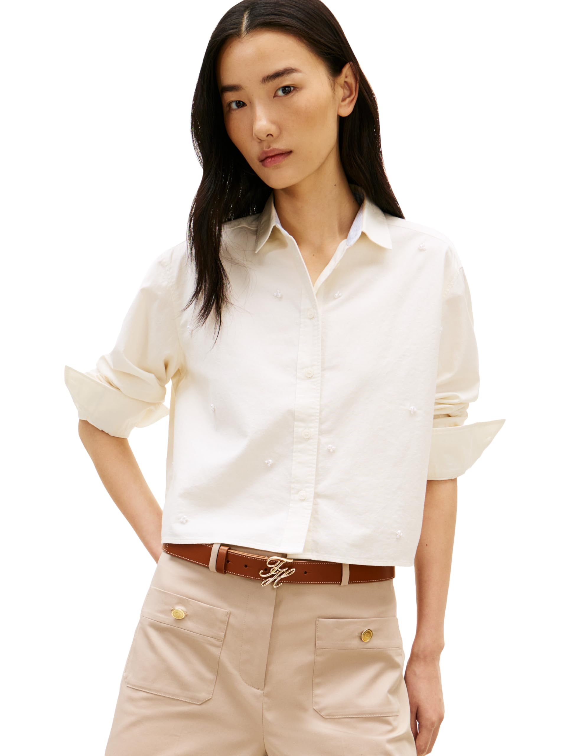 Women's Poplin Cropped Long Sleeve Button Down Shirt with Pearl Embellishment