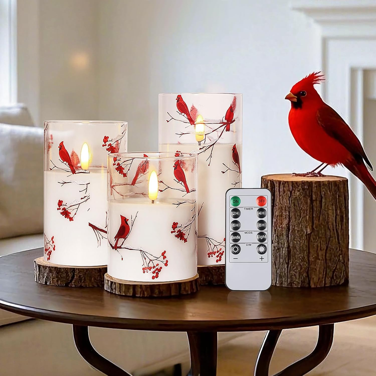 Flameless Candles with Remote, Cardinal Theme Battery Operated Candles with Timer, Real Wax in Glass Red Bird LED Candles for Party, Holiday Festival, Home Indoor Decor, Set of 3