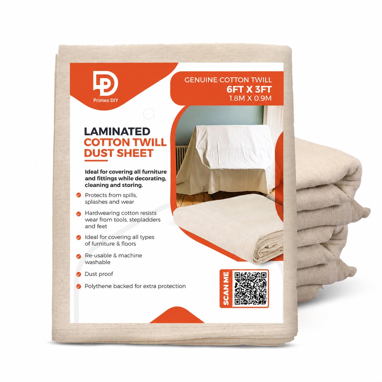 Laminated Cotton Dust Sheets for Painting & Decorating 6ft x 3ft | Waterproof Paint Sheets | Drop Cloth for Furniture, Staircase (50)