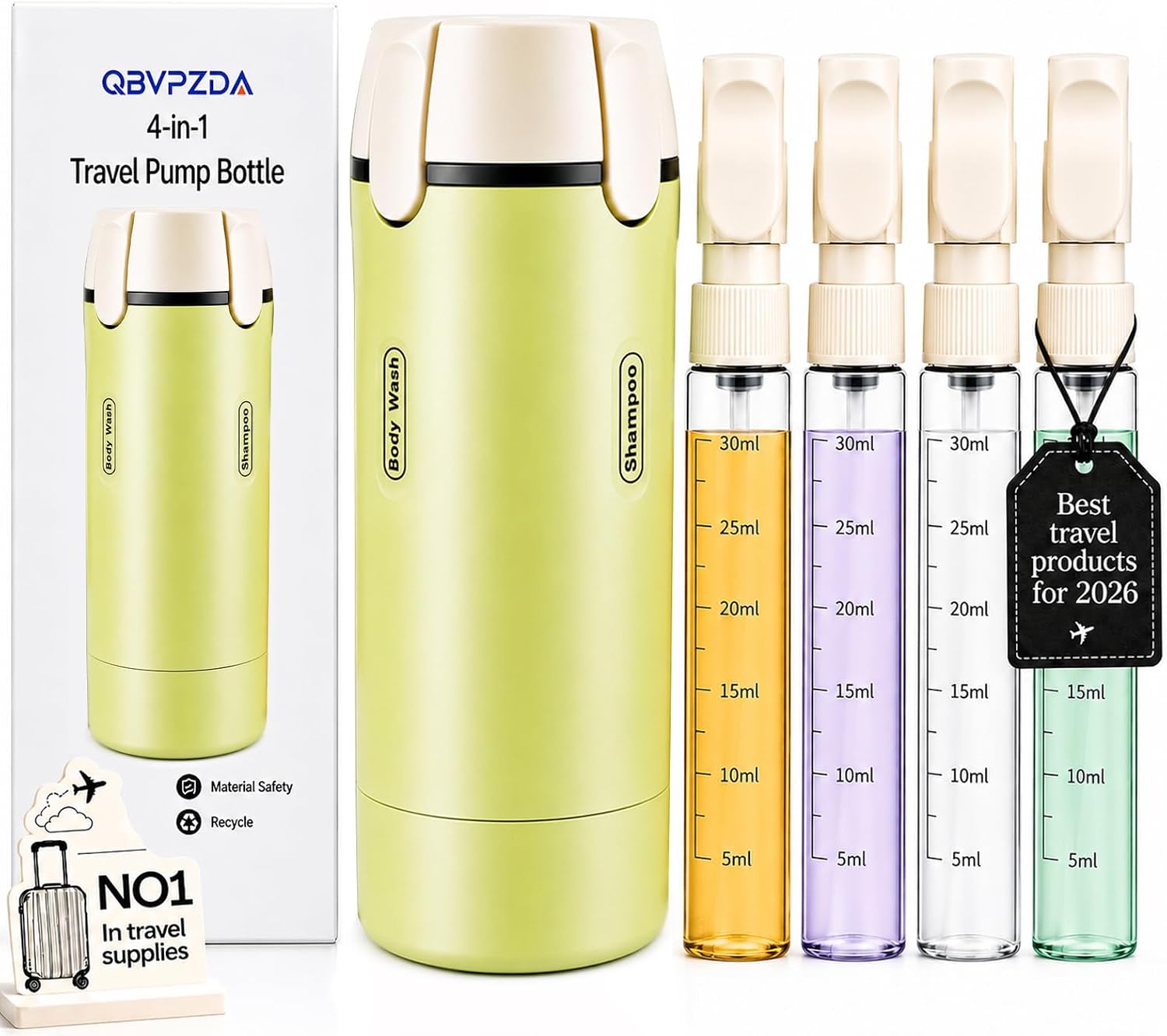 4 in 1 Travel Dispenser Bottle Essentials Camping Toiletries Pump TSA Approved Leak Proof Size Portable Containers Refillable for Shampoo Lotion Creams Body Wash Conditioner Attached Label (Green)