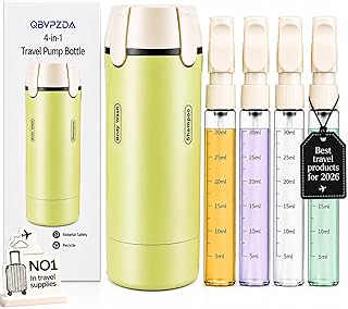 4 in 1 Travel Dispenser Bottle Essentials Camping Toiletries Pump TSA Approved Leak Proof Size Portable Containers Refillable for Shampoo Lotion Creams Body Wash Conditioner Attached Label (Green)