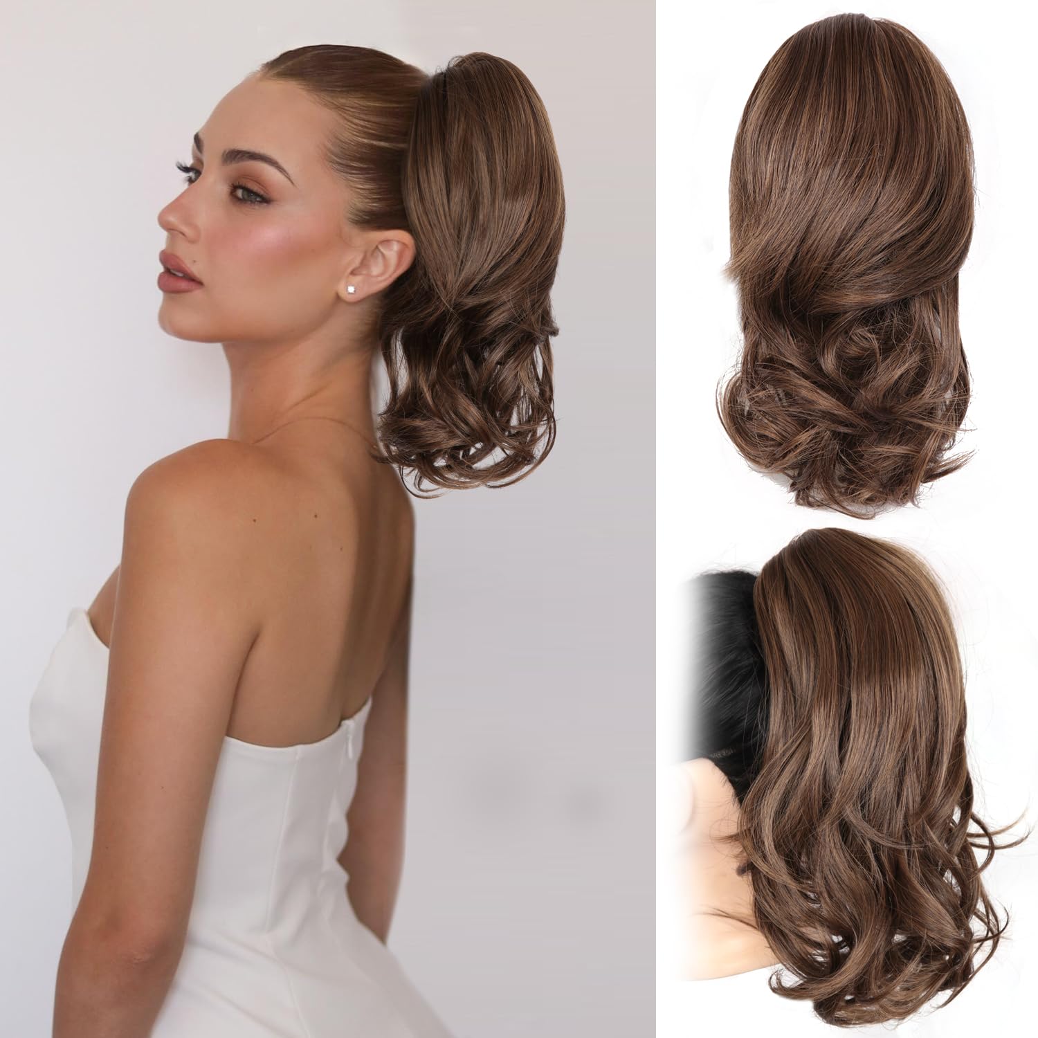 Photo 1 of 14 Inch Ponytail Extension - Clip in Ponytail Hair Extensions, Curly Wavy Pony Tails Hair Extensions, Synthetic Claw Clip Ponytail Extension for Women (Color: Medium Brown Mixed Honey Blonde)