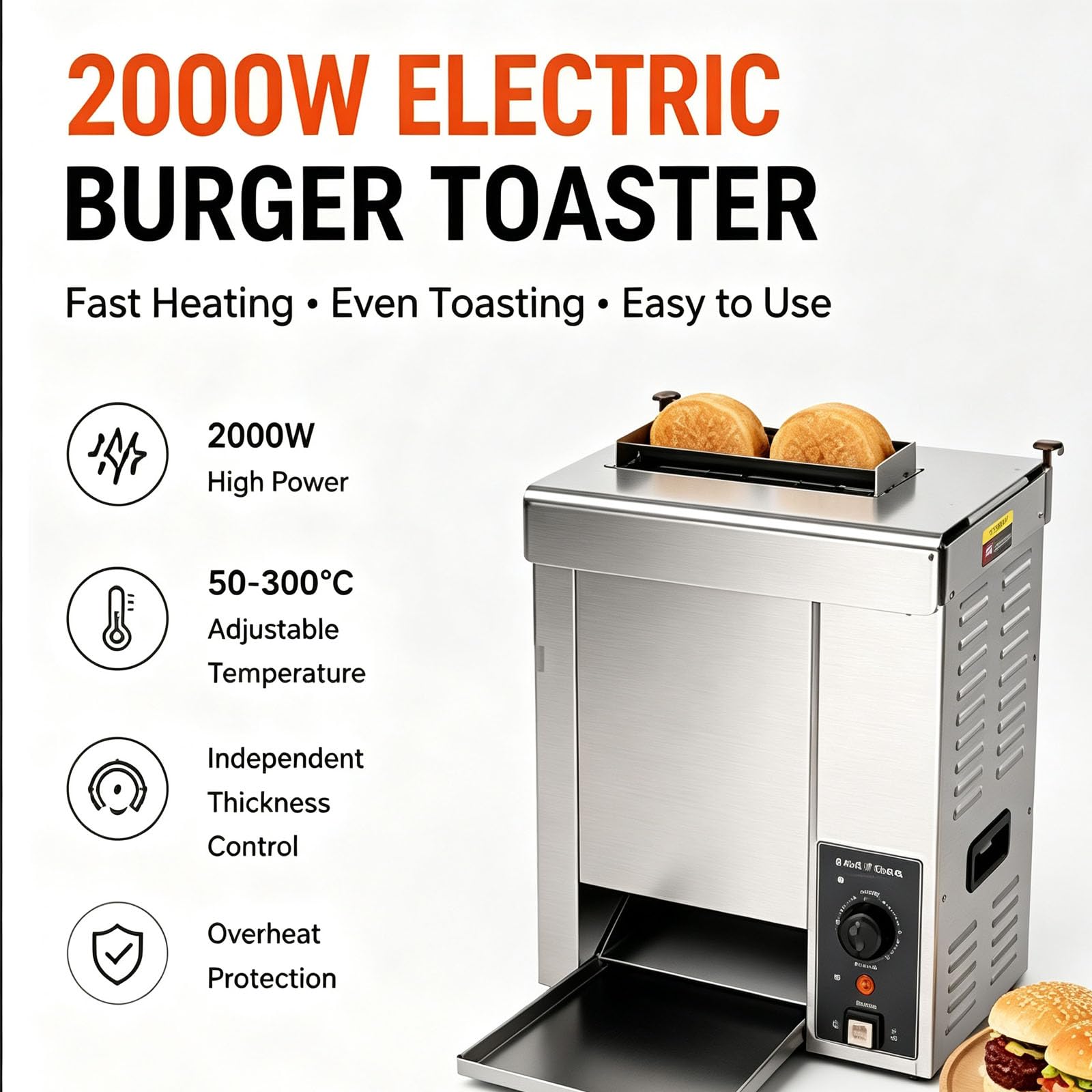 2000 W Elektryczny Opiekacz Do Hamburgerów, Podwójny Wejście Do Chleb Z Regulowaną Grubością, Ochrona Przed Przegrzaniem, Płyta Stopowa, Do Restauracji
