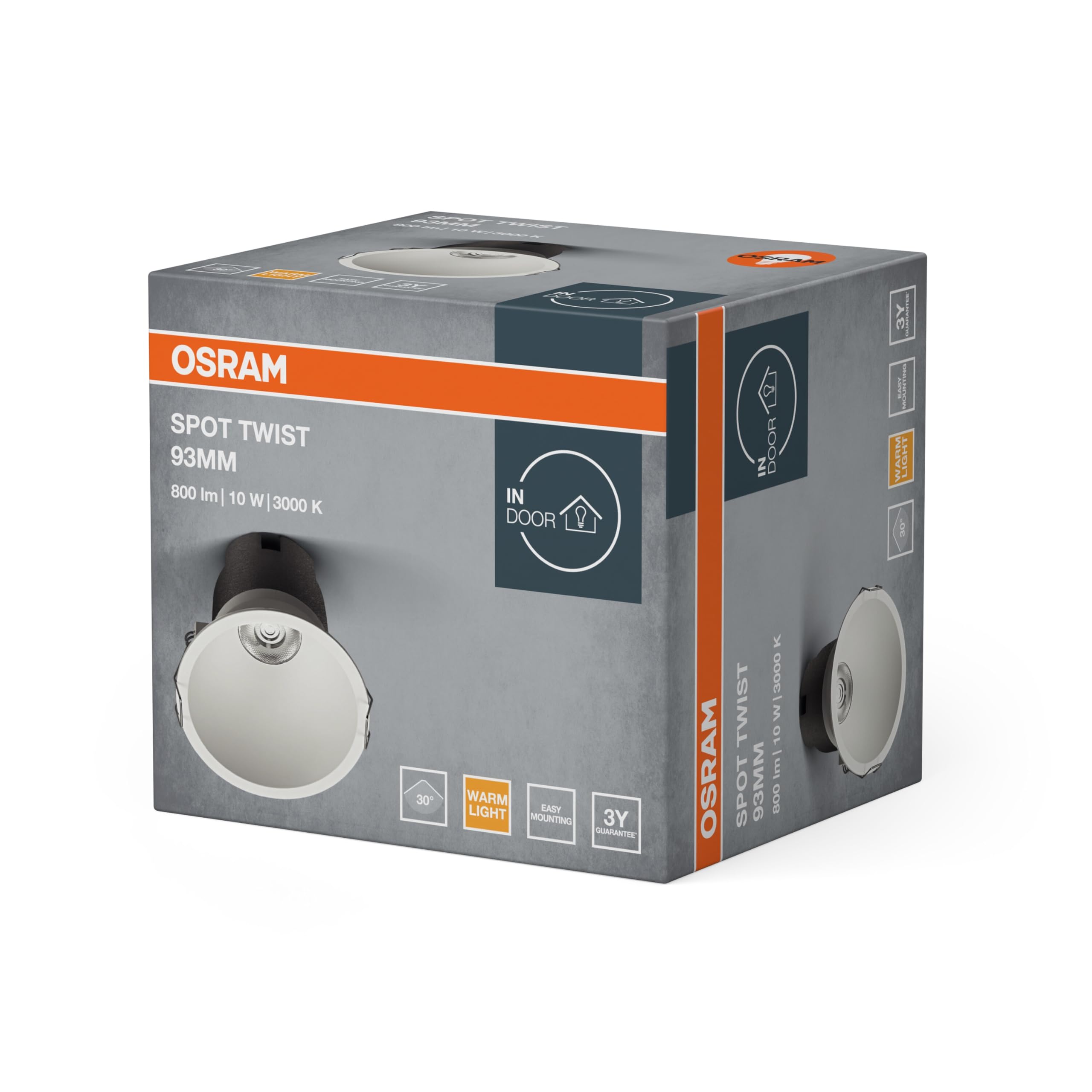 OSRAM Downlight empotrable SPOT TWIST, blanco, 10W, 800lm, 830 WT, 93mm de diámetro, color de luz blanco cálido, hasta un 90% de ahorro de energía en comparación con los downlights halógenos, fácil