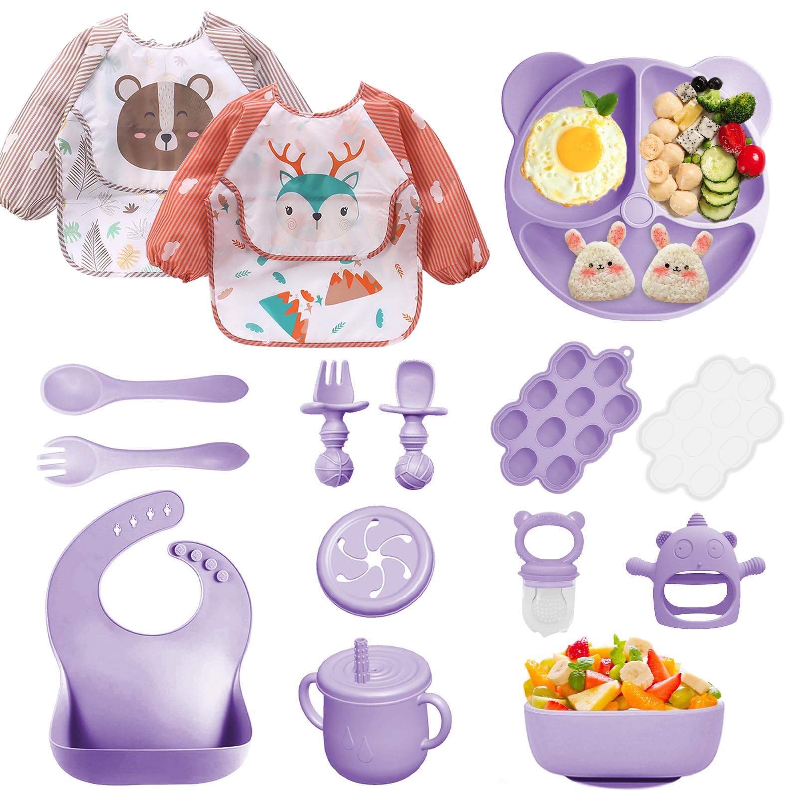 Bizcasa 14er Baby Geschirrset, Silikon Baby Weaning Besteck Set, Rutschfest, Teller, Schüssel, Lätzchen, Löffel, Gabel, Fruchtsauger, Babybrei Einfrieren Behälter, Beißring Baby, BPA Frei (Lila)